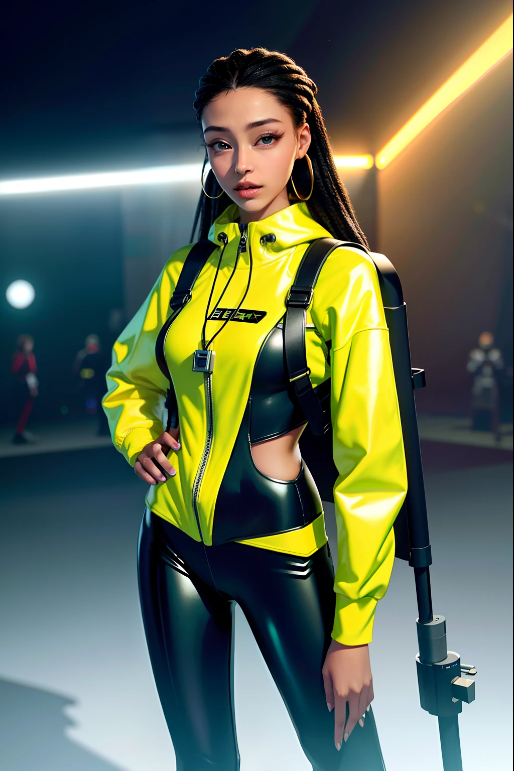 best quality, highres, solo, deep ebony 1girl, beautiful face, box braids, black lips, a female character is wearing a yellow and black colored outfit with a backpack and a yellow hoody jacket, dark black and yellow, sports leisure, green eyes, long hair, dangling earrings, cybernetically enhanced, chunky cuban link jewelry, medium breasts, she is standing in front of spaceships, satellites and moon rovers, starry night sky, pigeoncore, neo-dadaist, Asuka Langley, neon genesis EVA suit, mechanized precision, space crew member, she holds an important position, in crowd spectator at a tech conference in the style of mecha sci-fi anime
