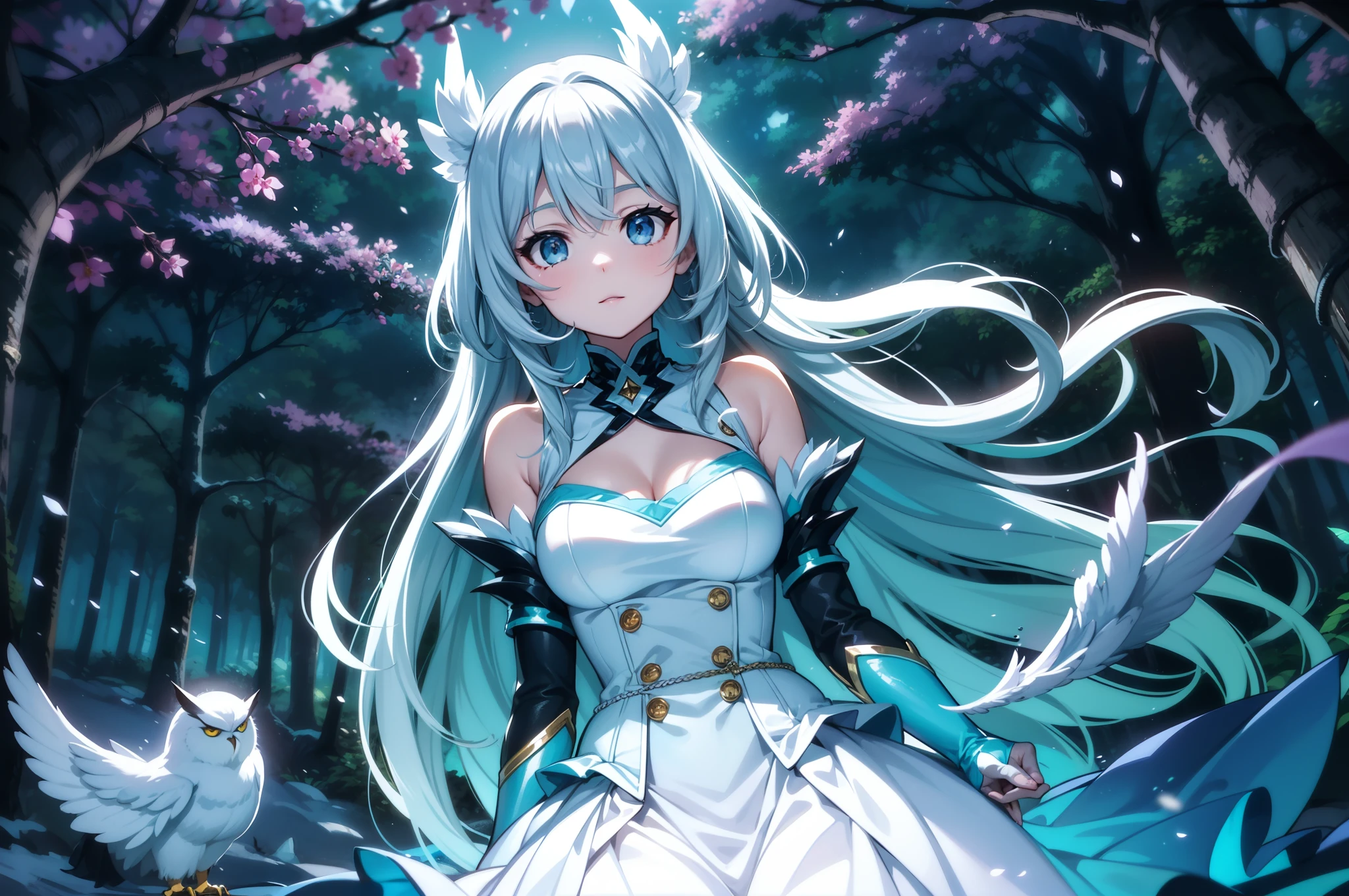 ((ultra-detailliert)), ((Best Illustration)), ((Movie Lighting)), Dynamic Angle, floating, Fine, (The Flash: 1.2), (shine: 1.2), (shine: 1.2), "(Best Quality), Super detailed depiction of a beautiful girl, Light blue long hair、Twin-tailed、 In the colorful forest、Surrounded by snow-white owls and vivid vegetation.", Cinematic, Refreshing, essence, Rim Lights, Scattering