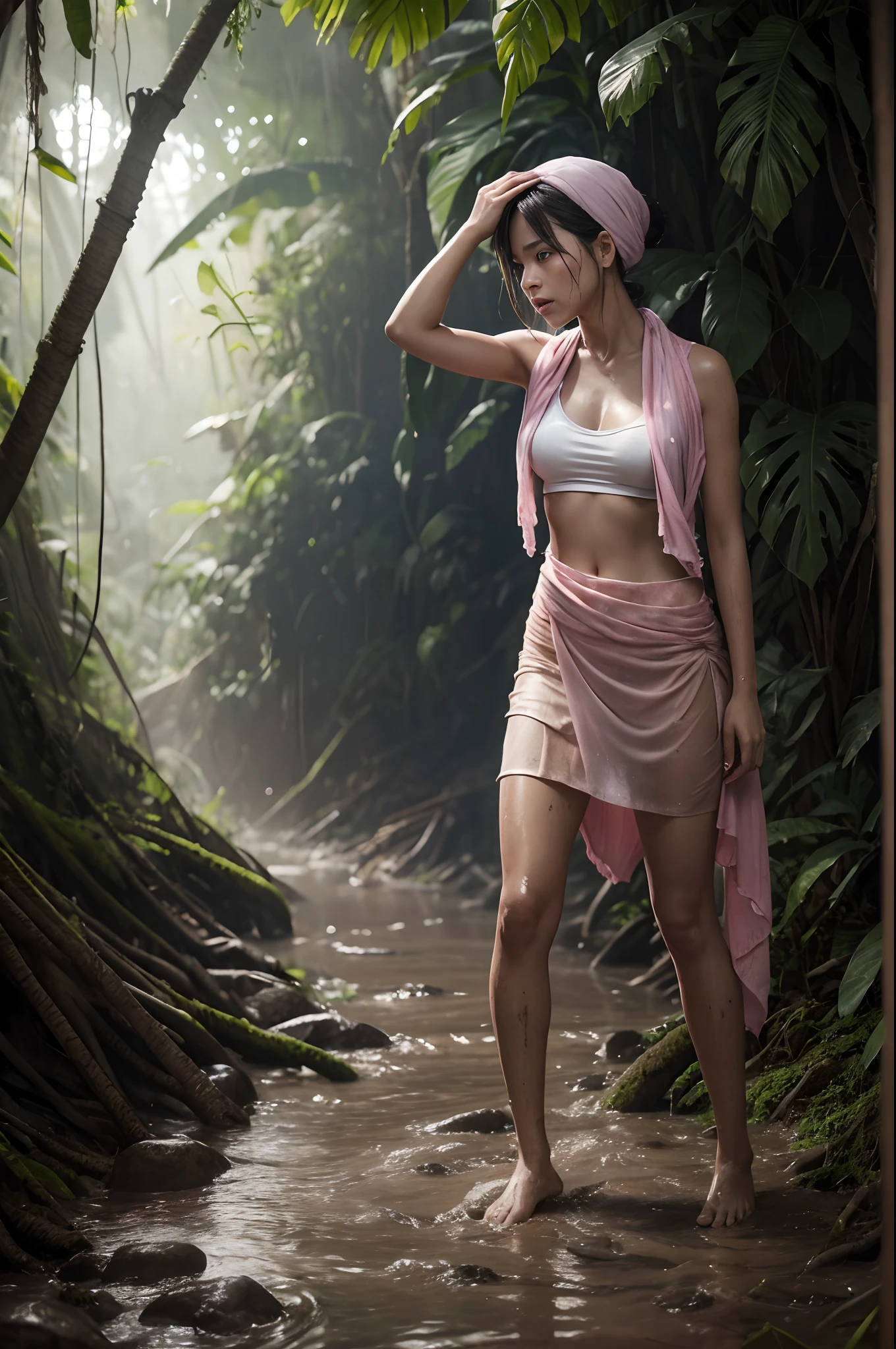 typhoon, photorealistic full-body portrait. Surprisingly cute malay woman with torn pink pastel shawl style turban crying against the background of fantastic jungle and muddy ground, Clear white skin, Damp and muddy, There are scratches everywhere, Dirty face,Torn dirty bandana, Barefoot without underwear, torn and tattered tank top, Pleated skirt, White skin, chest, Thighs, Smooth skin, Frightened and desperate, An expression of despair, Isometric details, Surprisingly realistic pictures, 8K high quality medium dark illumination, High detail, Detail Eye, Detal Face, Remove all clothes