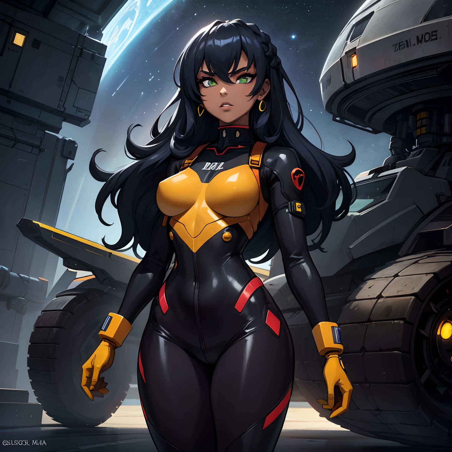 ((((muscular 1girl)))) ((((thick toned body breasts)))) black hair yellow eyes very long hair expressionless expressionless pilot suit