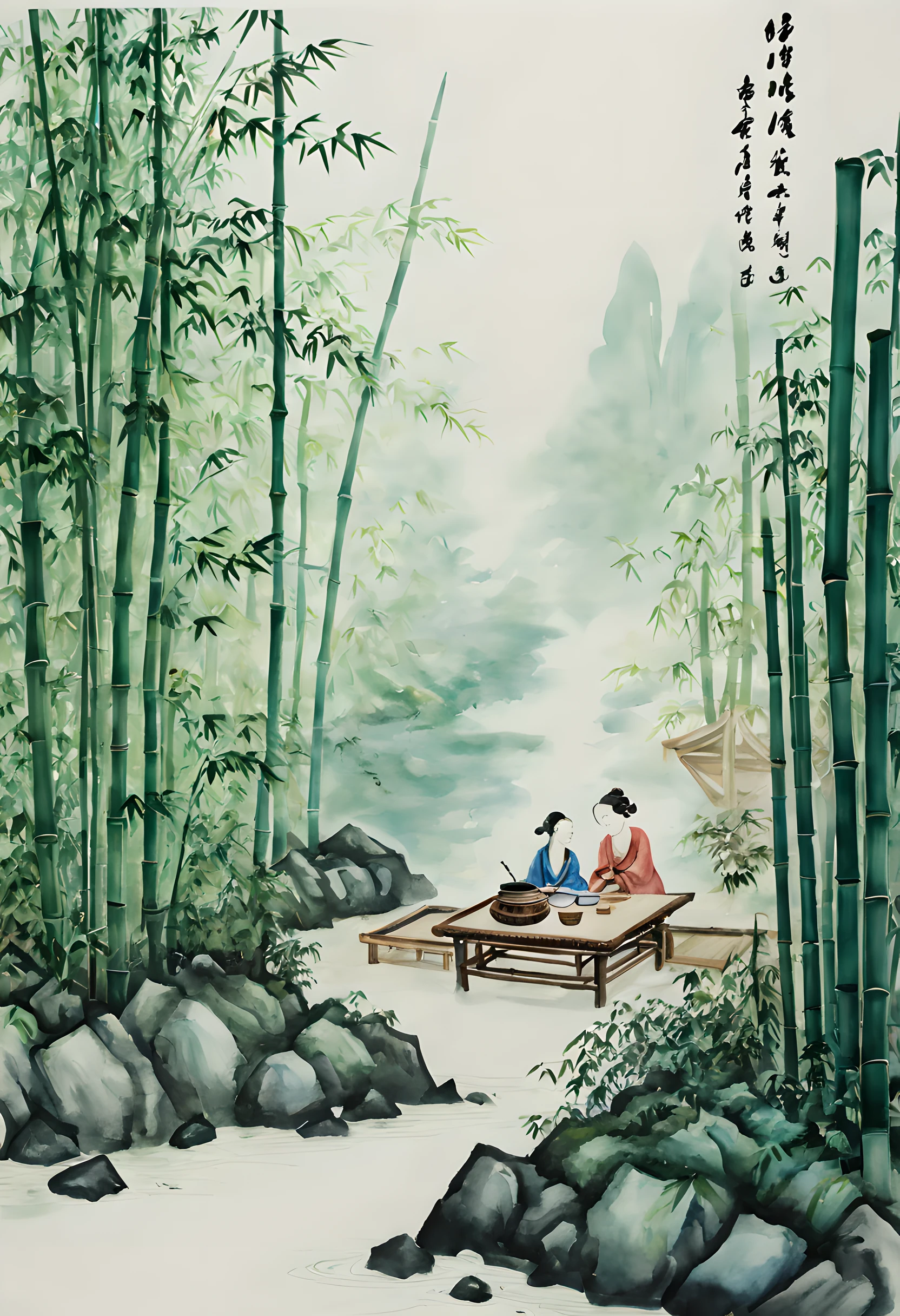 (Tea:1.5), (ink and watercolor painting:1.5), (Tasteful:1.5), (ink and watercolor painting:1.5), (full color:1.5), 8k, 4k, (landscapes:1.5), (tea time:1.5), (Bamboo bush:1.5), (The Tea Ceremony of the Immortals:1.5),