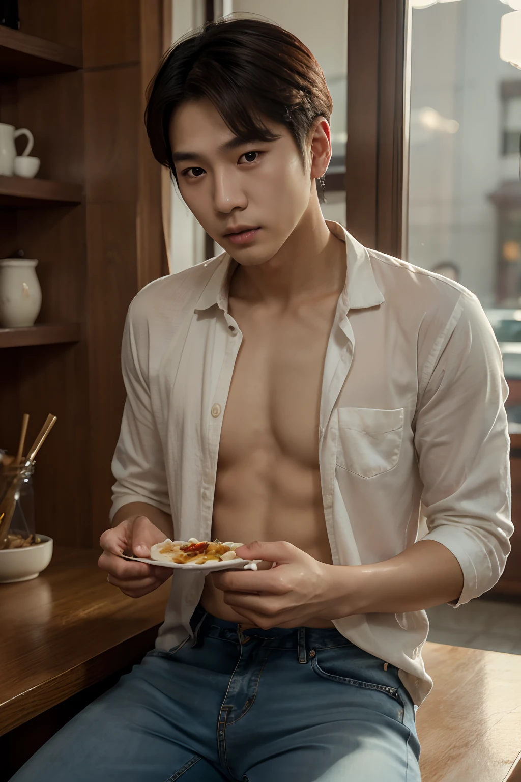 good hand,4k, high-res, masterpiece, best quality, head:1.3, (Korean male idol), finely detailed skin, sharp focus, (cinematic lighting), collarbone, morning, soft lighting, medium hair, dynamic angle, [:(detailed face:1.2):0.3], A young South Korean man savors spicy tteokbokki in casual jeans.