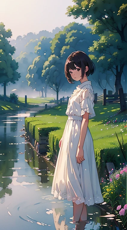 (top-quality、masterpiece)、(Watercolor in Sargent style)、(David Hamilton Style)、(softfocus)、Cinema Angle、ciinematic light、Soft light、The town of Bourton-on-the-Water depicted on a foggy morning、riverscape、、Create an ethereal scene in a calm morning misty meadow。Draw delicate and blurry brushwork、Capture the elusive nature of fog、Enhance the serene atmosphere of the countryside、place々flower bloom、One lady、tiny chest、Dark brown shorthair、White blouses、long skirt、Take a walk by the river、