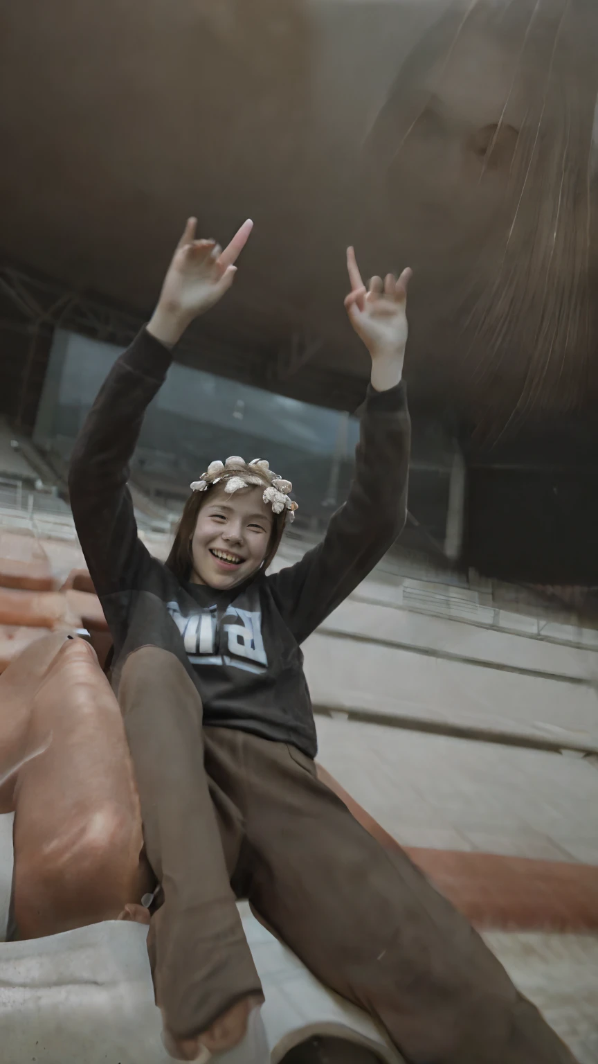 there is a young boy and a woman sitting on a stadium with their hands up, very very low quality picture, desaturated!!, blurry image, low quality photograph, low quality photo, grainy picture, low quality grainy, grainy low quality, desaturated!, old picture, 😃😀😄☺🙃😉😗, the boy is ,