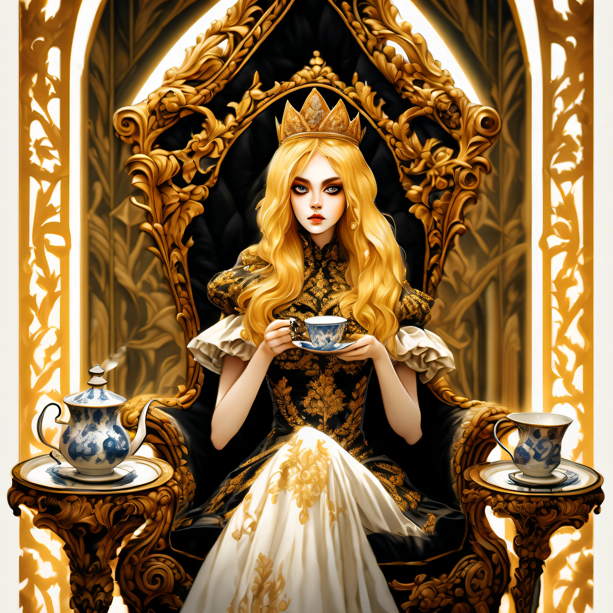 beauty young queen sits upon a chair, In the throne room, (inverted triangle sharp face:1.3), golden hair, big eyes, (((takes a sip of single hot tea with steam:1.3))), complex patterns and insane insane designs gothic dress, shimmering black, touch of intrigue and realism, grace and beauty paint, (((stunning intricate detail:1.3))), (((stunning extremely insane detail:1.3))), (((ultimate quality resolution:1.3))), (cinematic angle and still:1.2), (rich colors of marker illustration:1.1),
