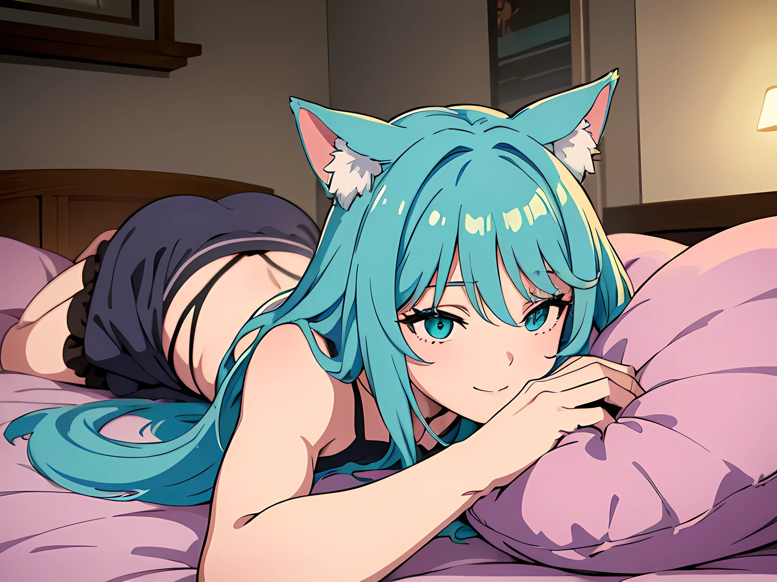 1 girl (cat eared, without human ears), beautiful eyes finely detailed, (teal hair, long hair), tipsy smile, gray dress, sleeping in front of you (with eyes open), laying her back on top of the bed, middle ages style bedroom, (half body:0.6), anime best girl, masterpiece sidelighting, masterpiece, top-quality, detailed, High resolution illustration