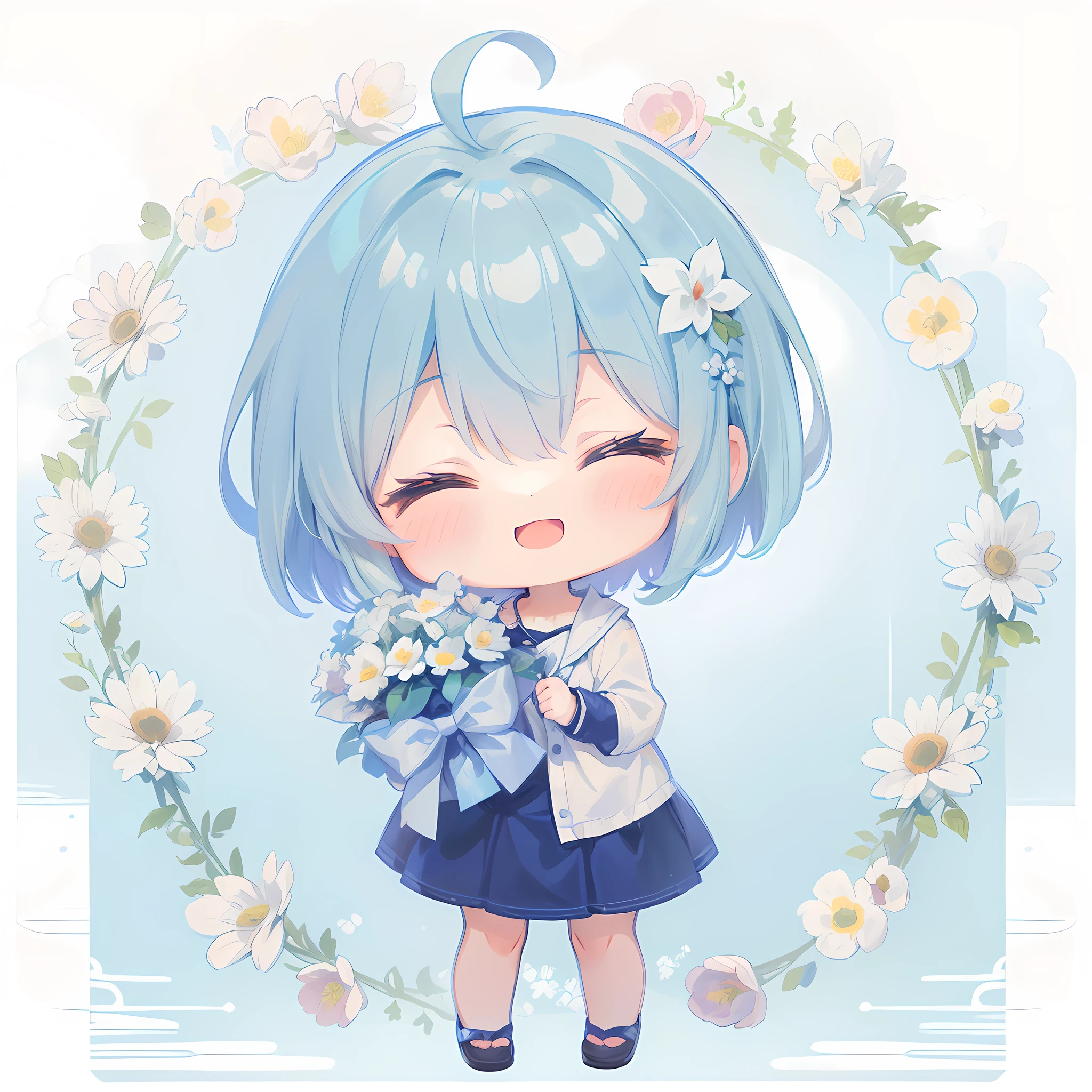 (((masterpiece))), best quality, extremely detailed, anime, (hold a bouquet), (casual:1.3), (light blue short hair:1.2), (((a girl))), (((solo))), happy, closed eyes, full body, ahoge, (((deformed))), (((chibi character))), (floral background), (white background), (flower field)
