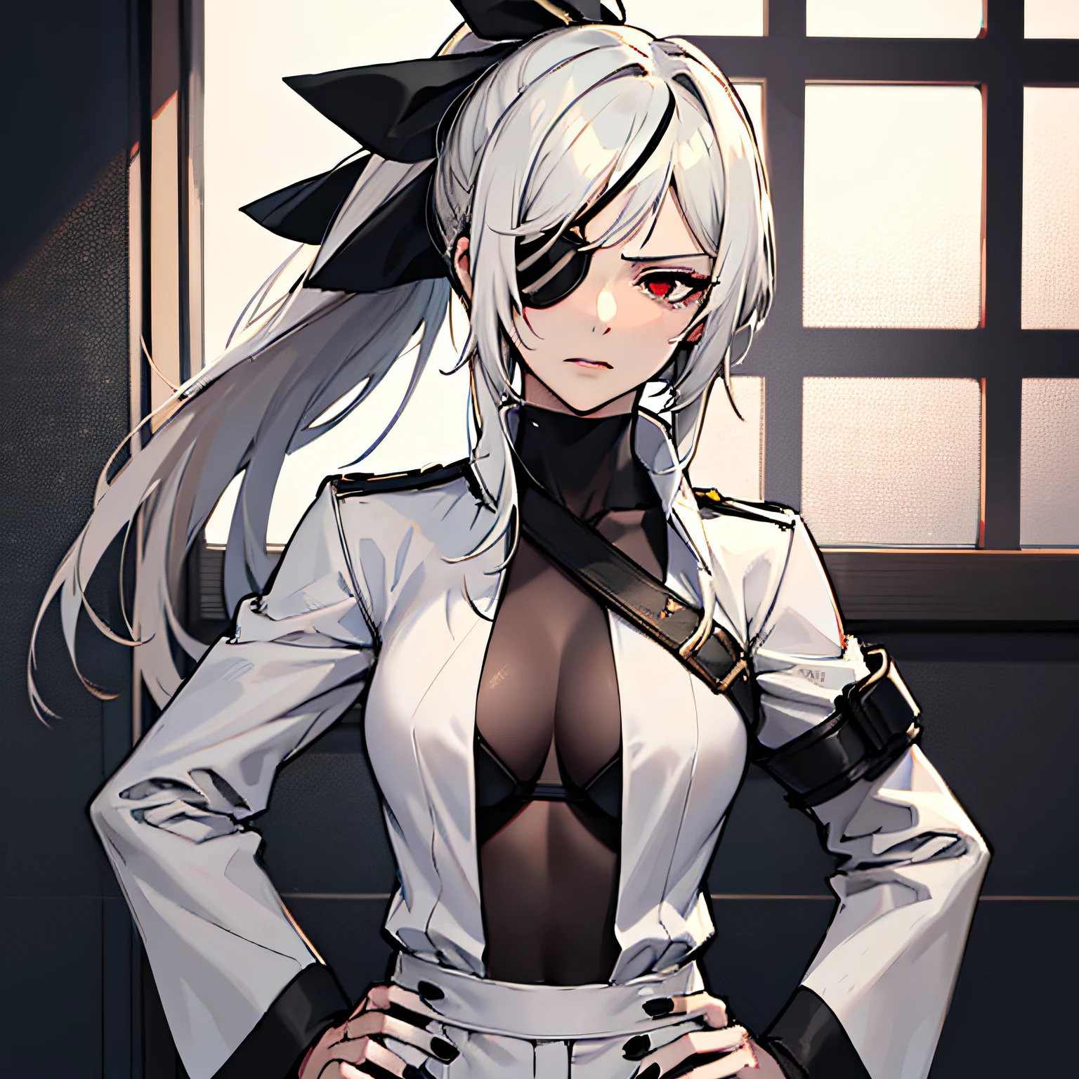 (absurdres, 8k, 4k, masterpiece, hyper extreme detailed:1.2), solo, 1girl, front view portrait, best quality, expressive eyes, perfect face, 1girl, portrait, solo, Female, mature female, adult, pale skin, black nails, white skin, black ribbon, red eyes, black eyepatch, annoyed, tattered clothing, armor, ripped clothes, oversized shirt, , swept bangs, side bangs, messy hair, long hair, hair covering forehead, perfect anatomy, anatomically correct, looking forward, forward view, expressive eyes, perfect eyes, quanxi, ponytail, eyepatch, Zero, full body, hand on hip, covered breasts, right hand on head, left hand on hip, solo, leaning back, window background, WhiteOutfit,