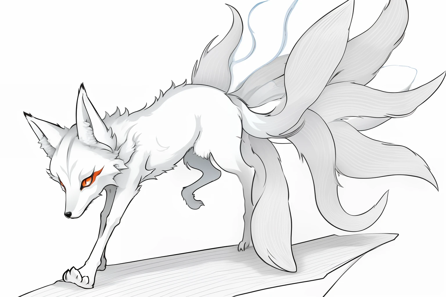 nine tail fox,clean linework,Mountain and Sea Sutra,fox demon,White fox,Simple colors,There is a sense of volume,Guochao style