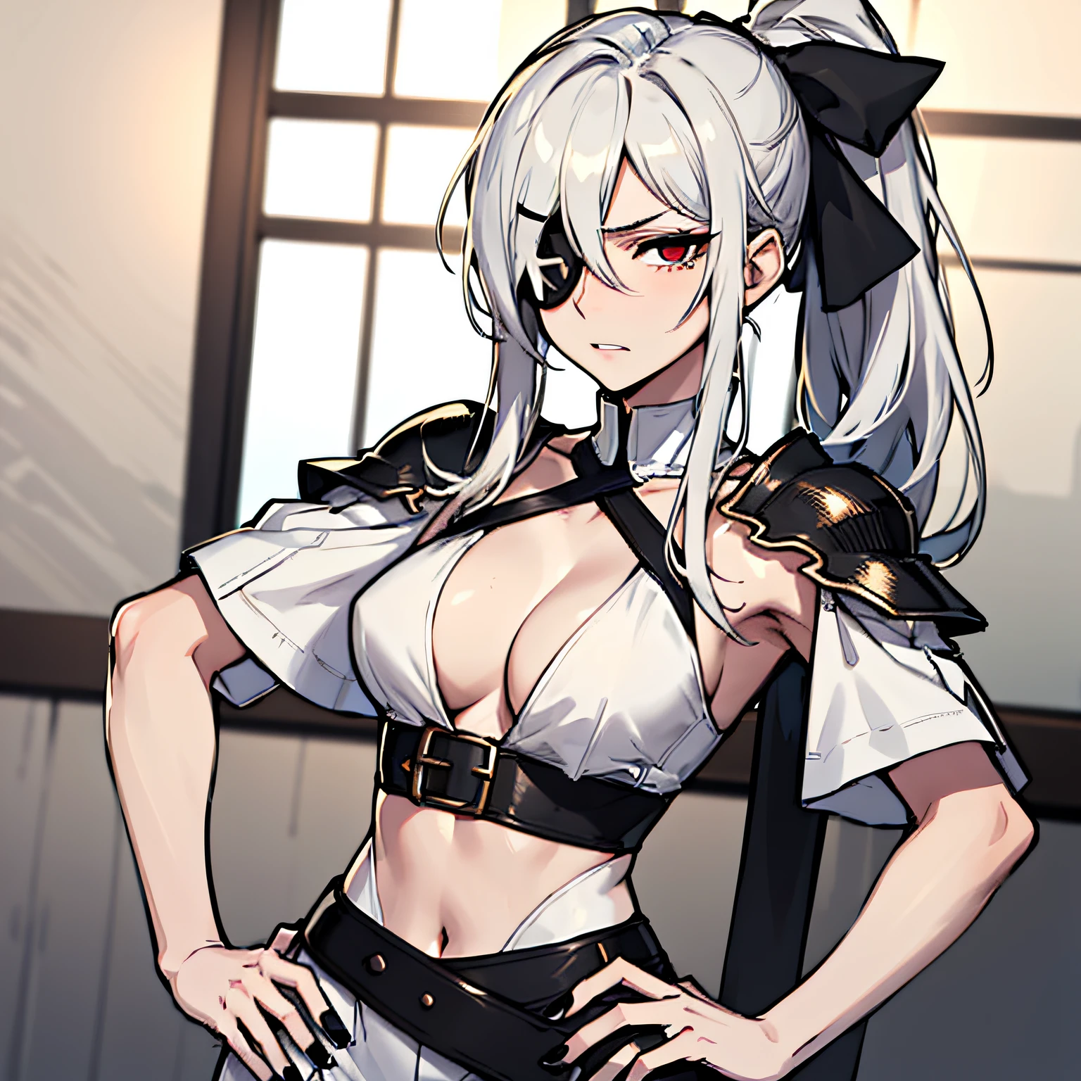 (absurdres, 8k, 4k, masterpiece, hyper extreme detailed:1.2), solo, 1girl, front view portrait, best quality, expressive eyes, perfect face, 1girl, portrait, solo, Female, mature female, adult, pale skin, black nails, white skin, black ribbon, red eyes, black eyepatch, annoyed, tattered clothing, armor, ripped clothes, oversized shirt, , swept bangs, side bangs, messy hair, long hair, hair covering forehead, perfect anatomy, anatomically correct, looking forward, forward view, expressive eyes, perfect eyes, quanxi, ponytail, eyepatch, Zero, full body, hand on hip, covered breasts, right hand on head, left hand on hip, solo, leaning back, window background, WhiteOutfit,