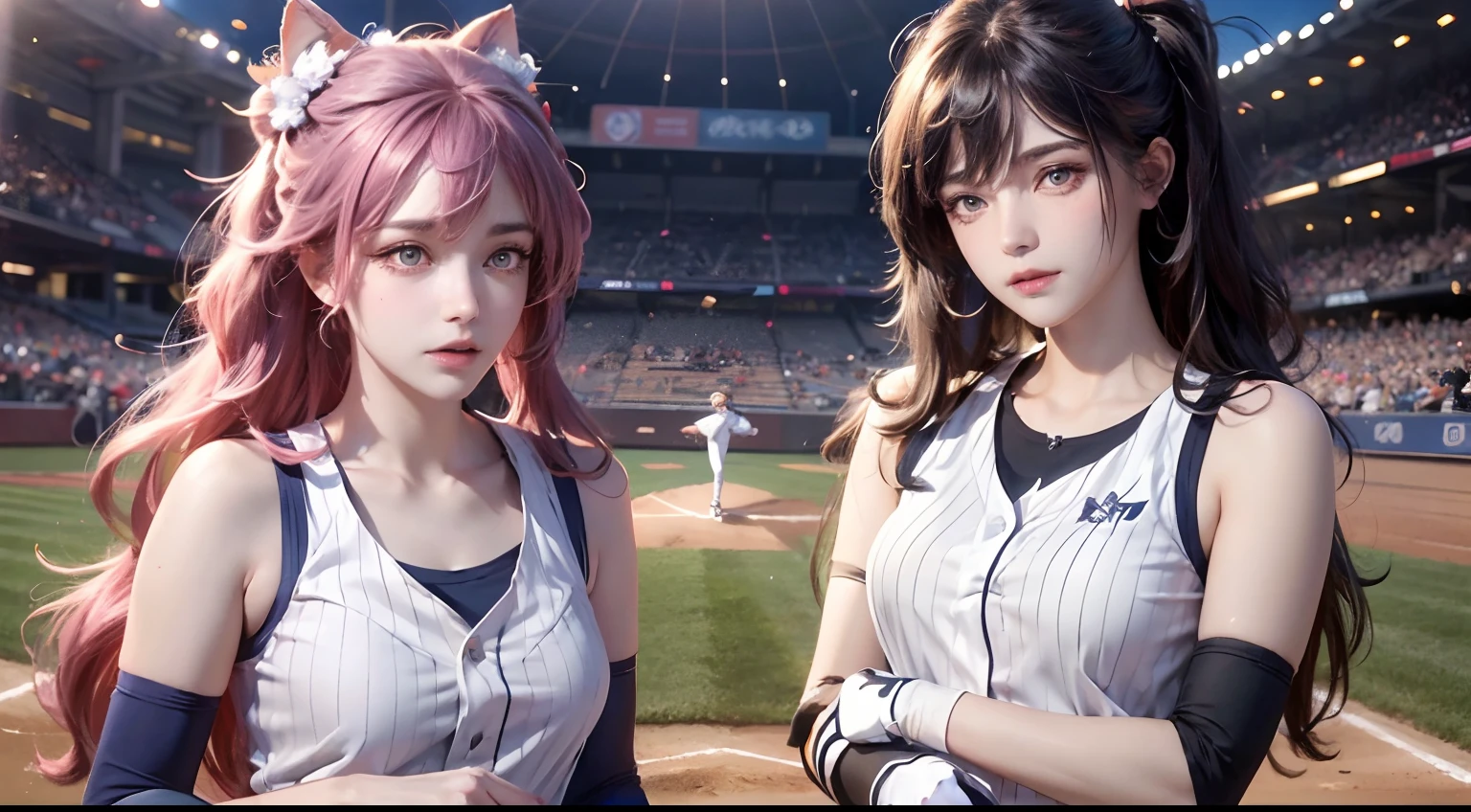 A female baseball player pitches,Baseball bat in hand,Batting dynamics,tmasterpiece,top Quority,super wide shot(1.5)(realisticlying,realisticlying:1.4),(RAW photos:1.4),Very delicate CG Unity 8K wallpaper,very delicate beautiful,Mann pays attention to detail,offcial art,Beautiful eyes and face(1.5),Beautiful exquisite eyes,light in face,one-girl,long whitr hair,(pompons)nabel,The upper part of the body,Baseball uniforms,He wears baseball gloves on his hands, baseball stadium, Bare arms, By bangs, ulzang-6500-v1.1
