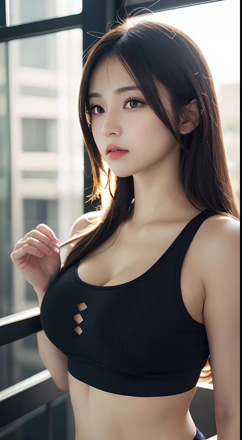 masutepiece, Best Quality, Illustration, Ultra-detailed, finely detail, hight resolution, 8K Wallpaper, Perfect dynamic composition, Beautiful detailed eyes,Colossal tits, fitness wear, Natural Color Lip,