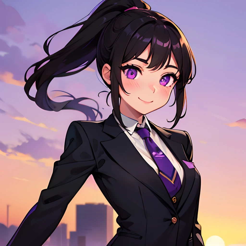 1girl, tan, black hair, ponytail, purple eyes, small breasts, confident, smile, blush, beautiful eyes, suit, formal wear, tie