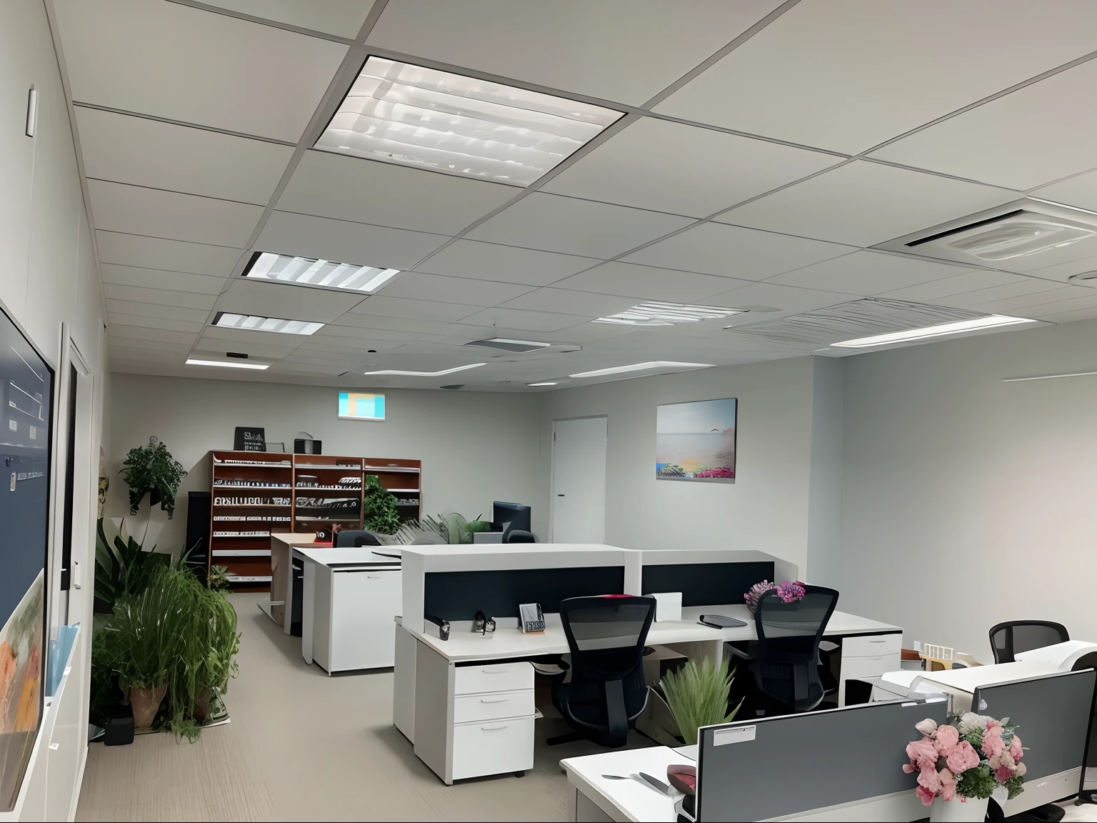 Apple-style office design, There is 1 refrigerator, 1 working girl, 1 meeting table, 1 table and chair head of department, large filing cabinet, many ornamental plants, Hang 1 large painting on the wall,