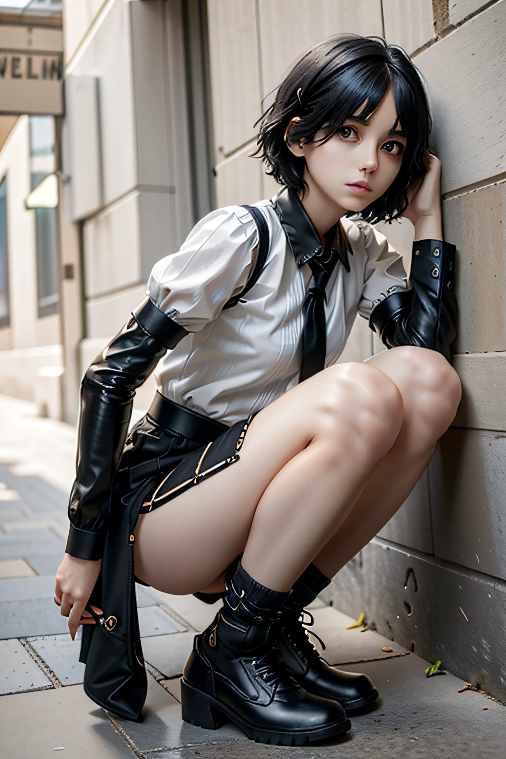 1girll,black color hair,Short hair,White color blouse,Hip-wrapped shorts,black over-the-knee socks,Small black leather shoes
