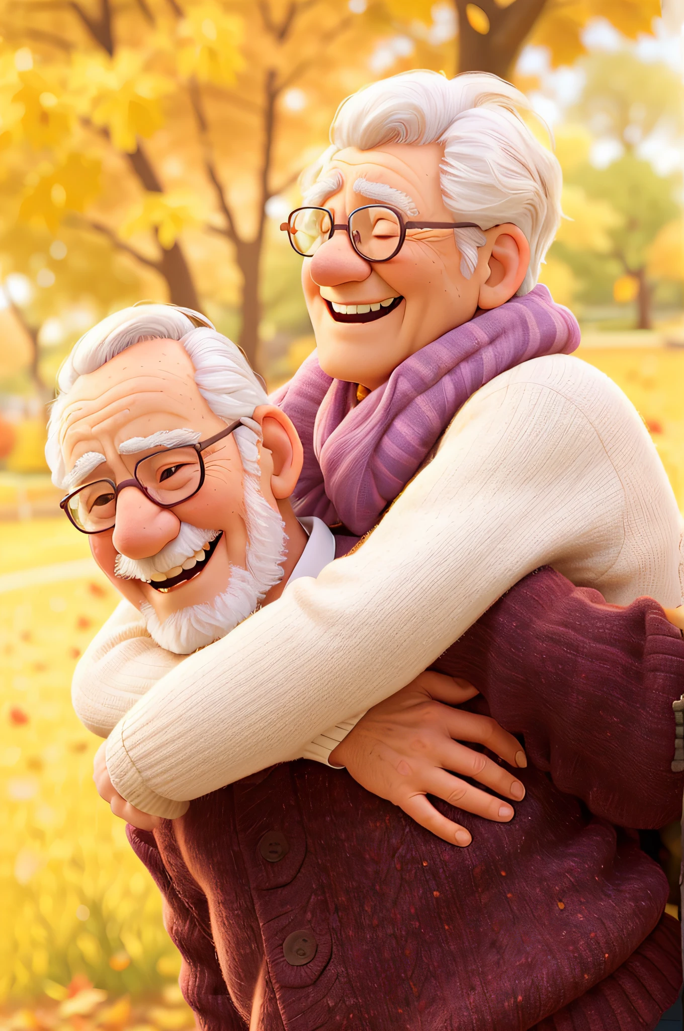 an older man and woman hugging each other in the park, fall season, smiling couple, two old people, autumn season, happy couple, bright sunny day, both laughing, having a great time, having fun in the sun, everyone having fun, high quality screenshot, hide the pain harold, being delighted and cheerful, profile image, elderly, smiling playfully