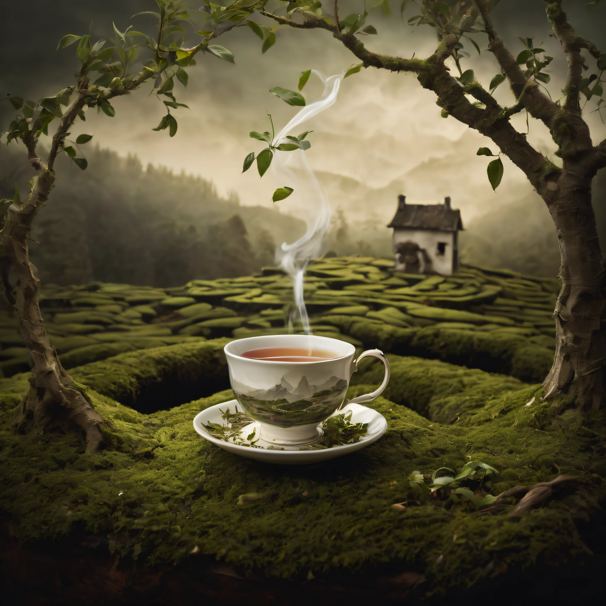 Step into a world of enchantment with this captivating prompt for a photography of a magical tea experience, with a teacup revealing a miniature world within, showcasing the wonders of the tea leaves and unexpected tea-drinking rituals. The composition transports the viewer to a realm where the ordinary becomes extraordinary. Inside the teacup, a miniature landscape unfolds, with tiny tea leaves forming intricate patterns and shapes. The tea-drinking ritual takes on a whimsical twist, as unexpected props and gestures add a touch of surprise and delight. Perhaps the teacup is placed on a floating cloud, or the tea leaves transform into mythical creatures. The shape of the teacup itself becomes a work of art, with unique and unconventional designs that add to the visual appeal. The lighting, whether soft and diffused or dramatic and moody, enhances the magical atmosphere of the photograph. Photographed by renowned conceptual photographer Brooke Shaden