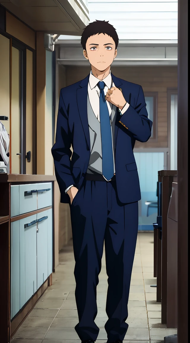 Libido boy，standing on your feet，Full body photo，Eccentricity，doubt，scowling，Hand on forehead，brunette color hair，with brown eye，Black long-sleeved suit，a blue tie，looking at viewert