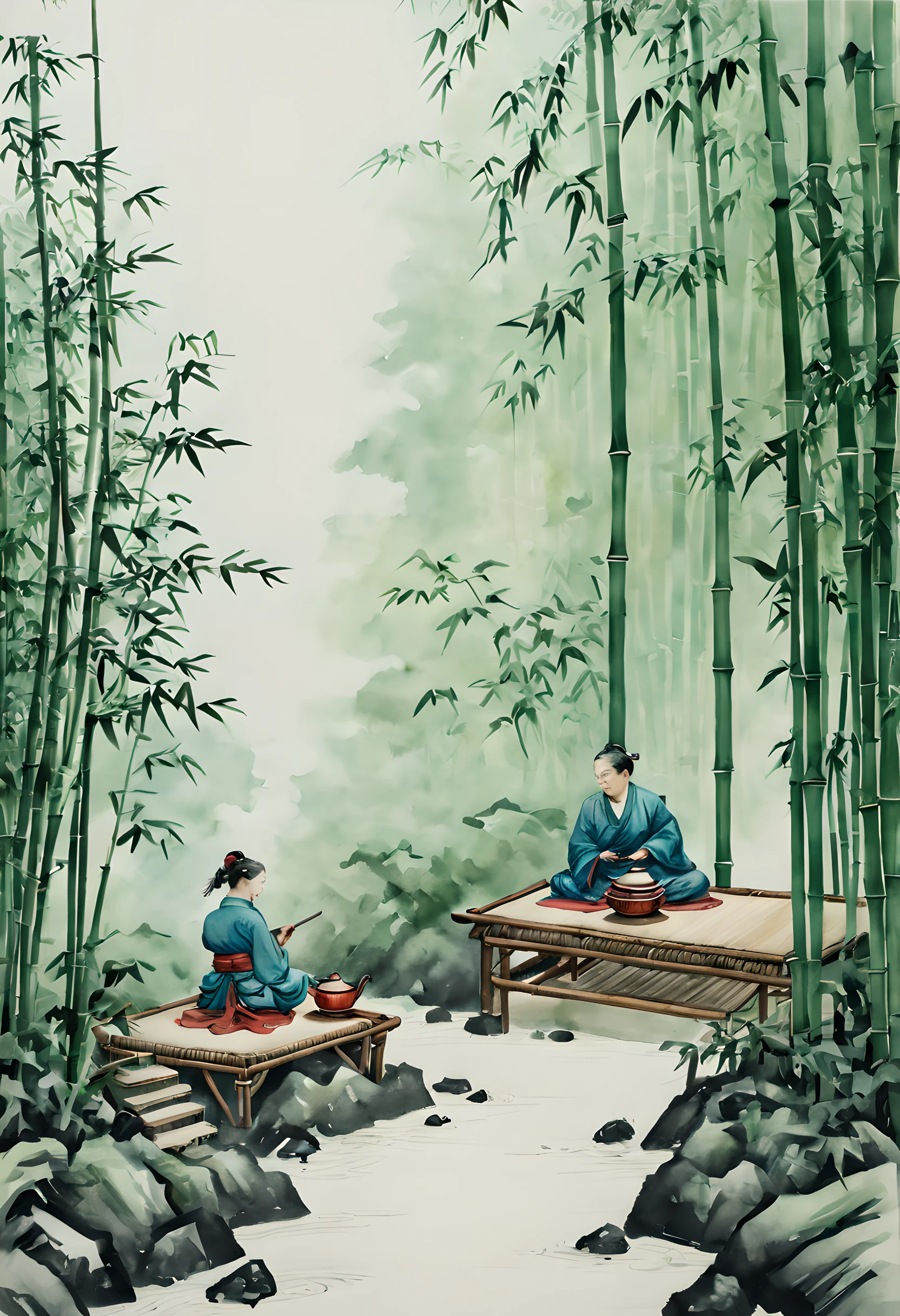 (Tea:1.5), (ink and watercolor painting:1.5), (Tasteful:1.5), (ink and watercolor painting:1.5), (full color:1.5), 8k, 4k, (landscapes:1.5), (tea time:1.5), (Bamboo bush:1.5), (The Tea Ceremony of the Immortals:1.5),