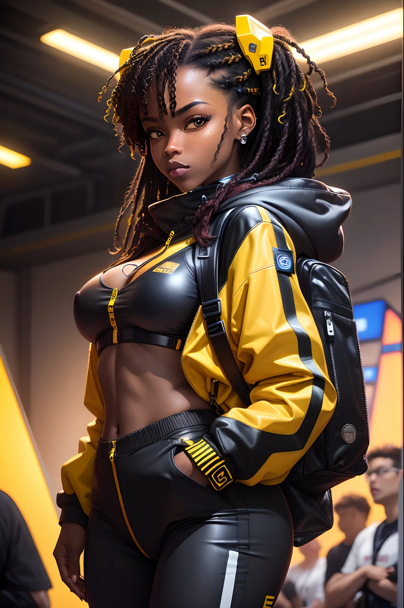 solo, deep ebony 1girl, black girl, beautiful face, {{ braided hair }}, black lips, a female character is wearing a yellow and black colored outfit with a backpack and a yellow hoodie jacket, dark black and yellow, sports leisure, green eyes, long hair, diamond earrings, cybernetically enhanced, medium breasts, she is standing in front of spaceships and satellites, starry night sky, pigeoncore, neo-dadaist, Asuka Langley, neon genesis EVA suit, mechanized precision, space crew member, she holds an important position, in crowd spectator at a tech conference in the style of mecha sci-fi anime, 8k, best quality, highres