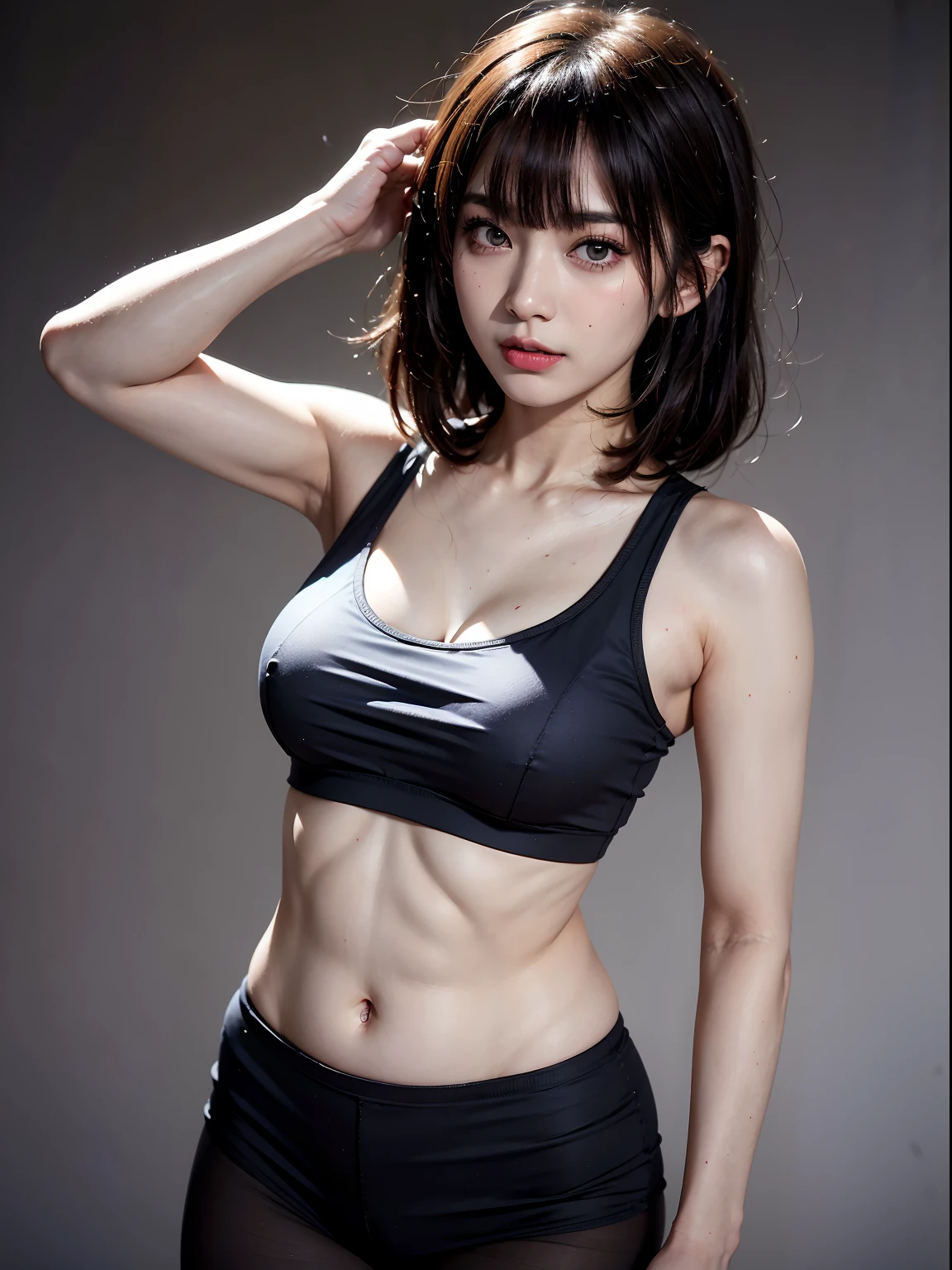 (((in 8K. HDR.Hyper-Realism、Masterpiece 1.4、gothic styles、Fantasy Art、retro-futuristic、Cinematic、Detailed details、Live Photo 1.4, Best quality1.4、 Ultra Detailed 1.4、masterpiece:1.4、Insanely detailed、Perfect Shading、One photo、Commercial Photography 1.4、Solo Photography、Sony alpha、50mm Lens、)))、(simple background、Gray background、)(((Tank Tops、leggins)))、(((Japan Female, 18year old、Small face 1.4、、Blunt bangs、a short bob、bobhair、straight haired、A dark-haired、Five Fingers、Full body shooting 1.4)))、(small tits、Muscular arms and legs、Plump waist circumference、Detailed skin with blood vessels showing through、Beautiful skin shining with sweat、Detailed skin with visible pores、Realistic, Detailed skin of downy hair、Real and Detailed Skin、extremely detailed and beautiful face、Beautiful well-proportioned face、Very pretty face、Darkened armpits、Detailed skin)