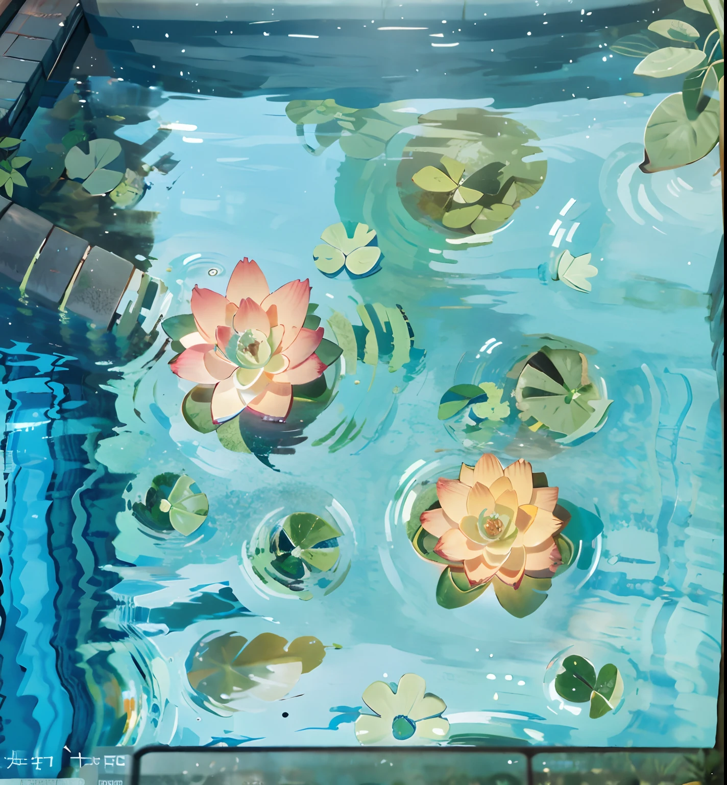 There are water lily leaves in the pool, ponds, In the pond, Water light caustics, Pools, There are fish swimming，top - down photograph, parks, Overhead shot, pools of water , top down shot, On a sunny day, floating object