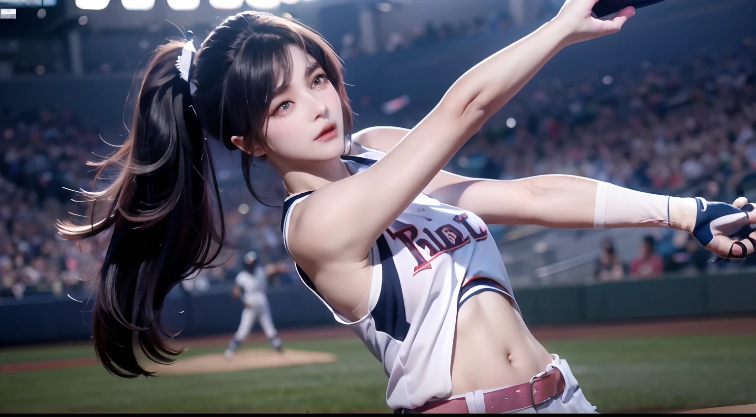 A female baseball player pitches，Baseball bat in hand，Batting dynamics，Correct ergonomics（1.5），tmasterpiece，top Quority，super wide shot（1.5)（realisticlying，realisticlying：1.4），（RAW photos：1.4），Very delicate CG Unity 8K wallpaper，very delicate beautiful，Mann pays attention to detail，offcial art，Beautiful eyes and face（1.5），Beautiful exquisite eyes，light in face，one-girl，long whitr hair，（pompons）nabel，The upper part of the body，Baseball uniforms，He wears baseball gloves on his hands， baseball stadium，