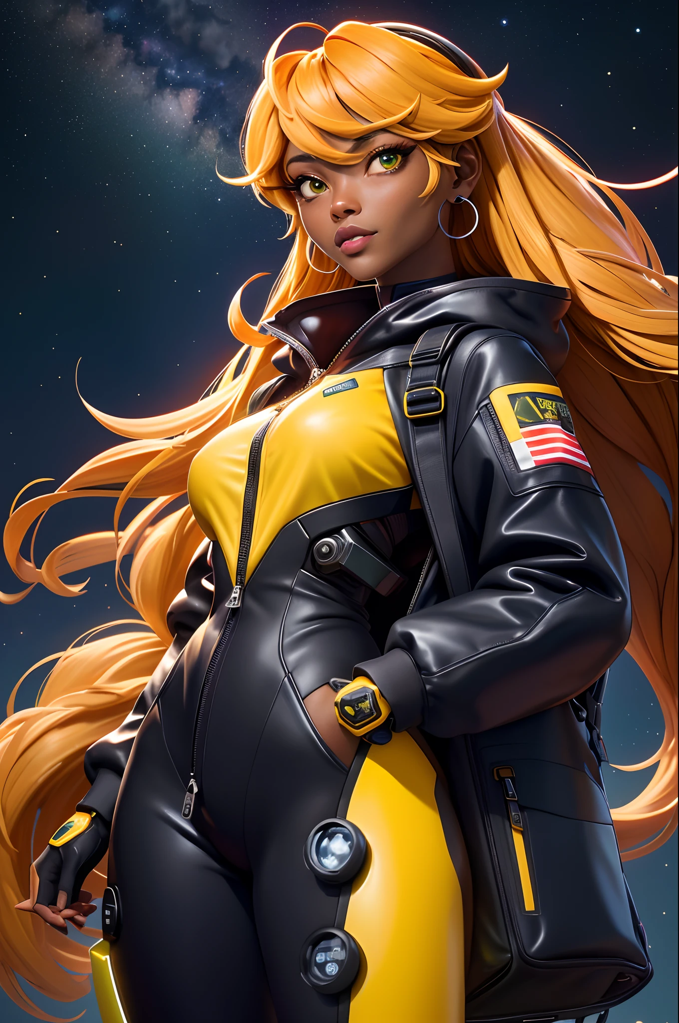 solo, deep ebony 1girl, black girl, beautiful face, {{ braided hair }}, black lips, a female character is wearing a yellow and black colored outfit with a backpack and a yellow hoodie jacket, dark black and yellow, sports leisure, green eyes, long hair, diamond earrings, cybernetically enhanced, medium breasts, she is standing in front of spaceships and satellites, starry night sky, pigeoncore, neo-dadaist, Asuka Langley, neon genesis EVA suit, mechanized precision, space crew member, she holds an important position, in crowd spectator at a tech conference in the style of mecha sci-fi anime, 8k, best quality, highres