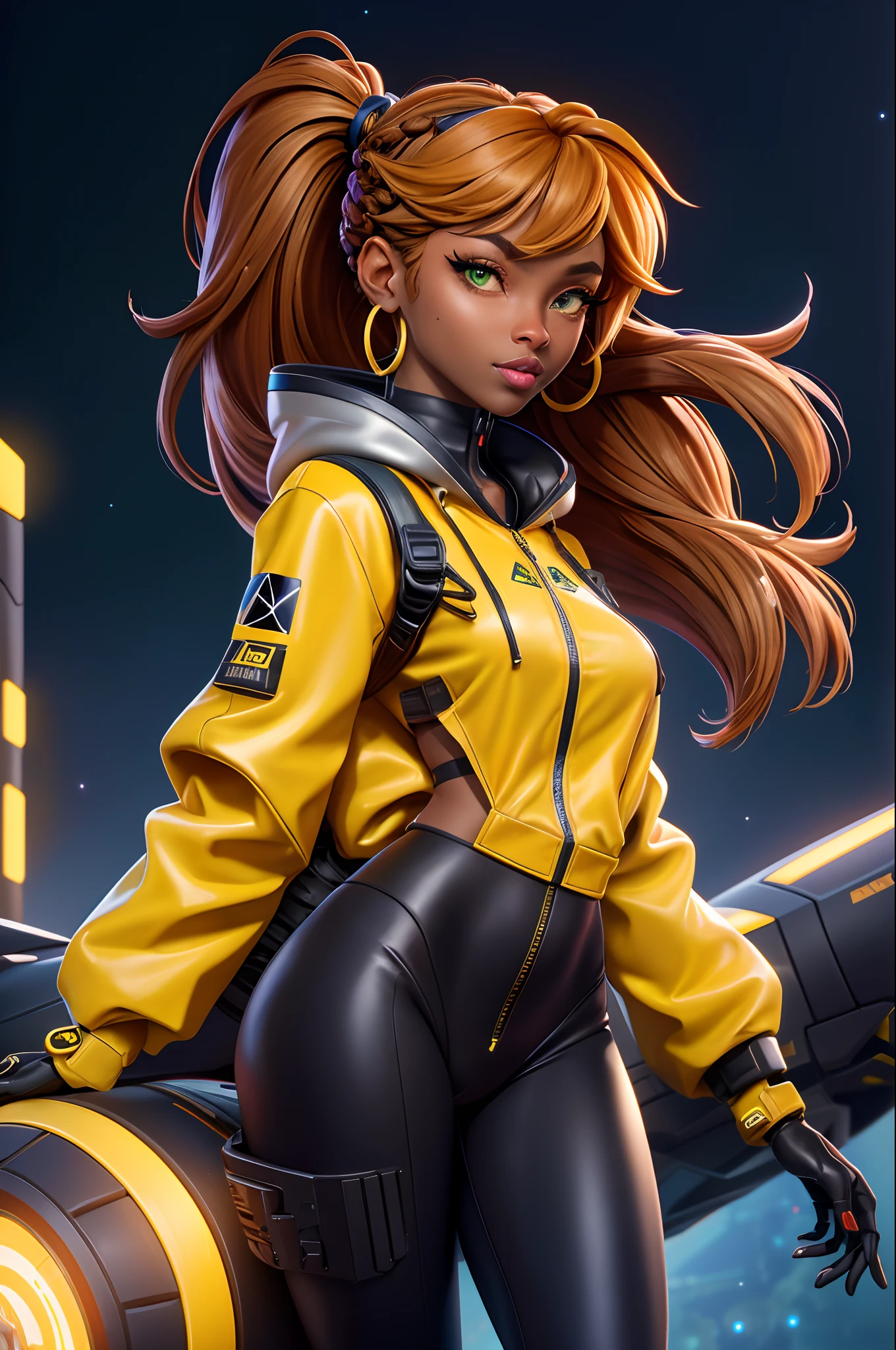 solo, deep ebony 1girl, black girl, beautiful face, {{ braided hair }}, black lips, a female character is wearing a yellow and black colored outfit with a backpack and a yellow hoodie jacket, dark black and yellow, sports leisure, green eyes, long hair, diamond earrings, cybernetically enhanced, medium breasts, she is standing in front of spaceships and satellites, starry night sky, pigeoncore, neo-dadaist, Asuka Langley, neon genesis EVA suit, mechanized precision, space crew member, she holds an important position, in crowd spectator at a tech conference in the style of mecha sci-fi anime, 8k, best quality, highres