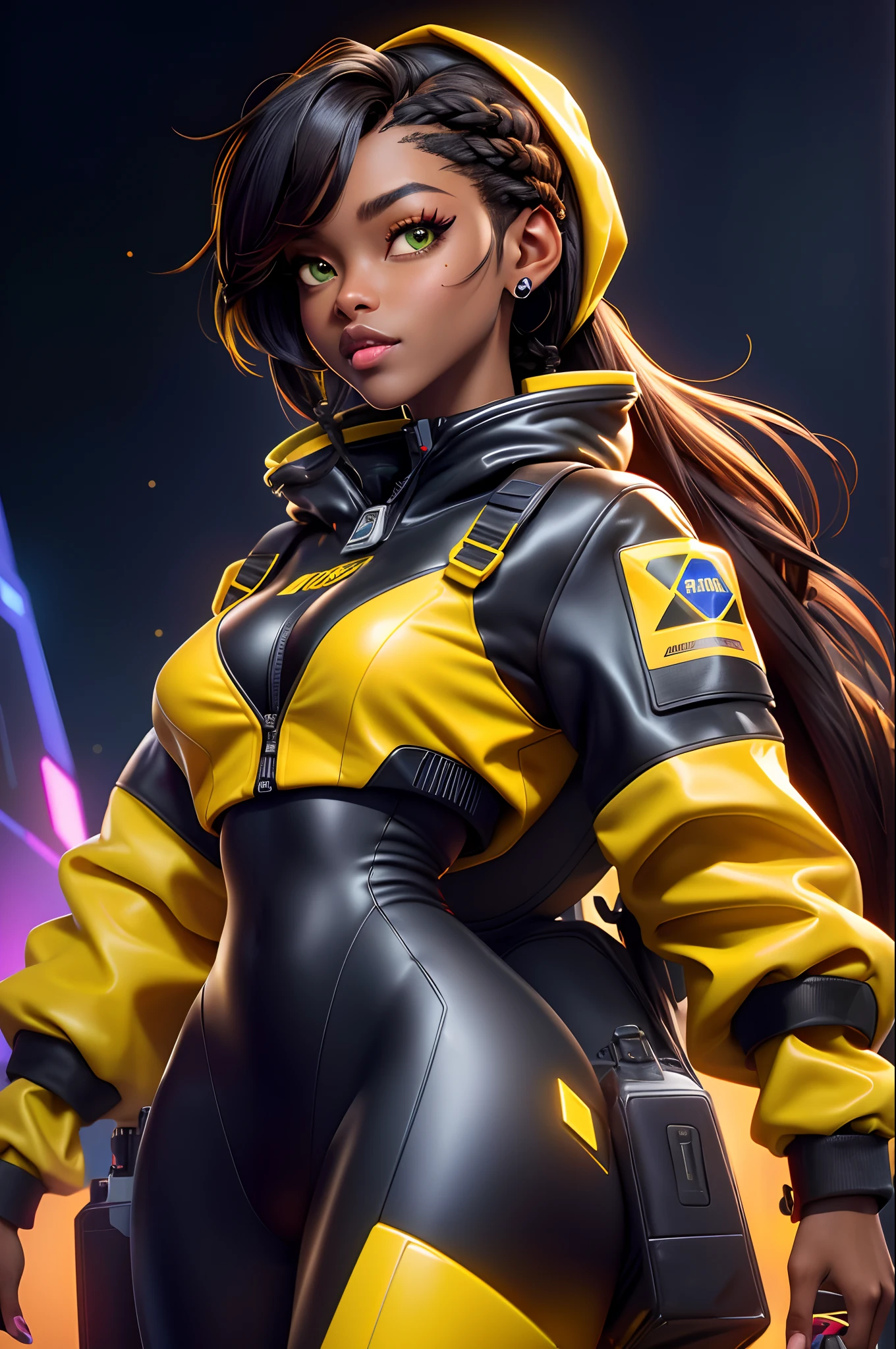 solo, deep ebony 1girl, black girl, beautiful face, {{ braided hair }}, black lips, a female character is wearing a yellow and black colored outfit with a backpack and a yellow hoodie jacket, dark black and yellow, sports leisure, green eyes, long hair, diamond earrings, cybernetically enhanced, medium breasts, she is standing in front of spaceships and satellites, starry night sky, pigeoncore, neo-dadaist, Asuka Langley, neon genesis EVA suit, mechanized precision, space crew member, she holds an important position, in crowd spectator at a tech conference in the style of mecha sci-fi anime, 8k, best quality, highres