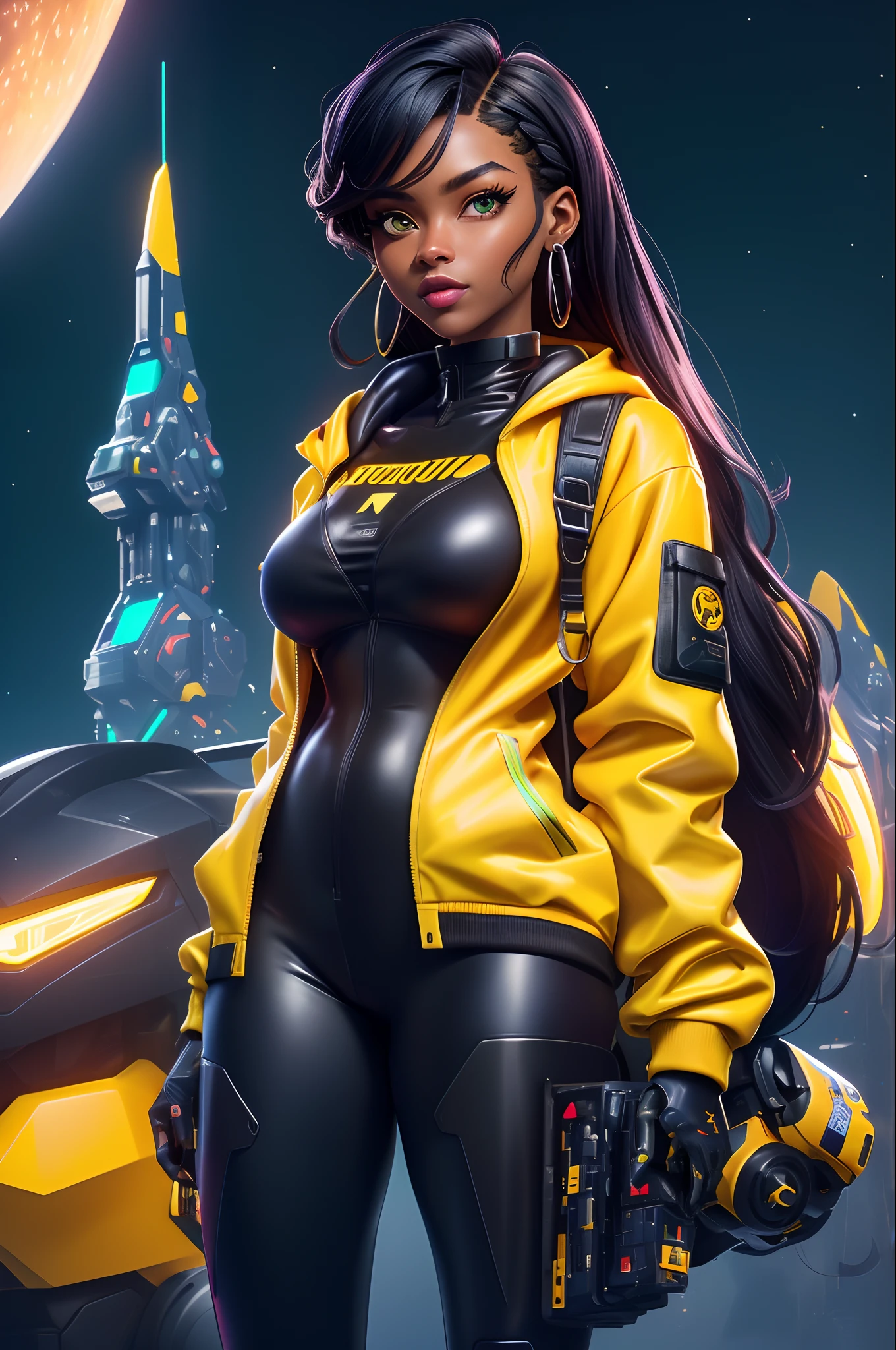 solo, deep ebony 1girl, black girl, beautiful face, {{ braided hair }}, black lips, a female character is wearing a yellow and black colored outfit with a backpack and a yellow hoodie jacket, dark black and yellow, sports leisure, green eyes, long hair, diamond earrings, cybernetically enhanced, medium breasts, she is standing in front of spaceships and satellites, starry night sky, pigeoncore, neo-dadaist, Asuka Langley, neon genesis EVA suit, mechanized precision, space crew member, she holds an important position, in crowd spectator at a tech conference in the style of mecha sci-fi anime, 8k, best quality, highres