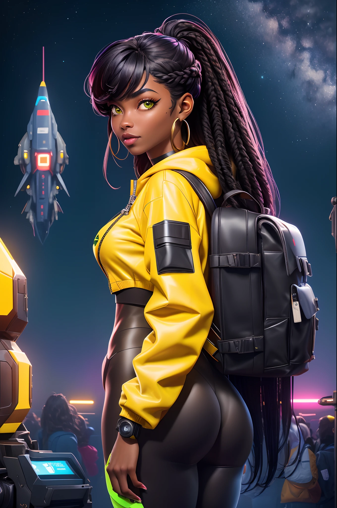 solo, deep ebony 1girl, black girl, beautiful face, {{ braided hair }}, black lips, a female character is wearing a yellow and black colored outfit with a backpack and a yellow hoodie jacket, dark black and yellow, sports leisure, green eyes, long hair, diamond earrings, cybernetically enhanced, medium breasts, she is standing in front of spaceships and satellites, starry night sky, pigeoncore, neo-dadaist, Asuka Langley, neon genesis EVA suit, mechanized precision, space crew member, she holds an important position, in crowd spectator at a tech conference in the style of mecha sci-fi anime, 8k, best quality, highres