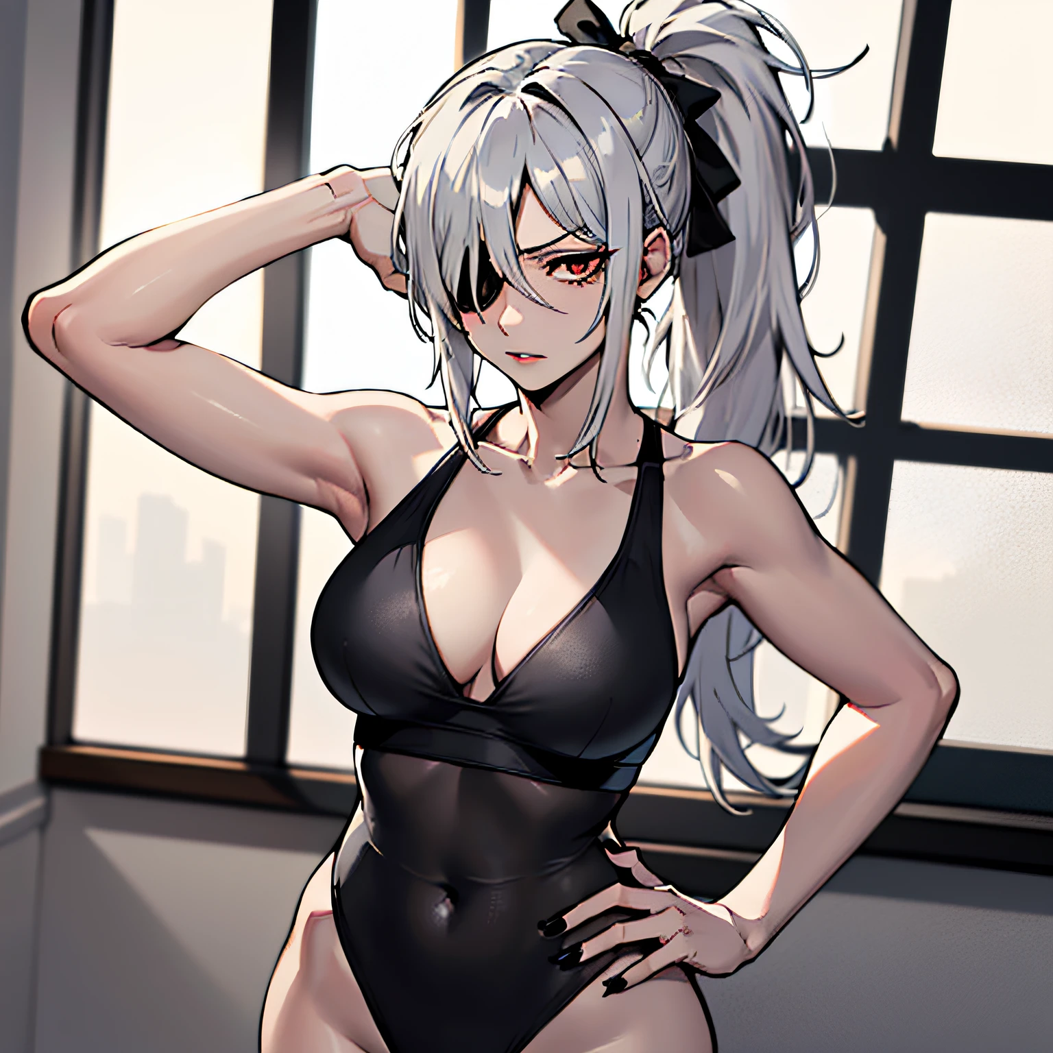 (absurdres, 8k, 4k, masterpiece, hyper extreme detailed:1.2), solo, 1girl, front view portrait, best quality, expressive eyes, perfect face, 1girl, portrait, solo, Female, mature female, adult, pale skin, black nails, white skin, black ribbon, red eyes, black eyepatch, annoyed, swept bangs, side bangs, messy hair, long hair, hair covering forehead, perfect anatomy, anatomically correct, looking forward, forward view, expressive eyes, perfect eyes, quanxi, ponytail, eyepatch, Zero, full body, hand on hip, covered breasts, right hand on head, left hand on hip, solo, leaning back, window background, black swimsuit