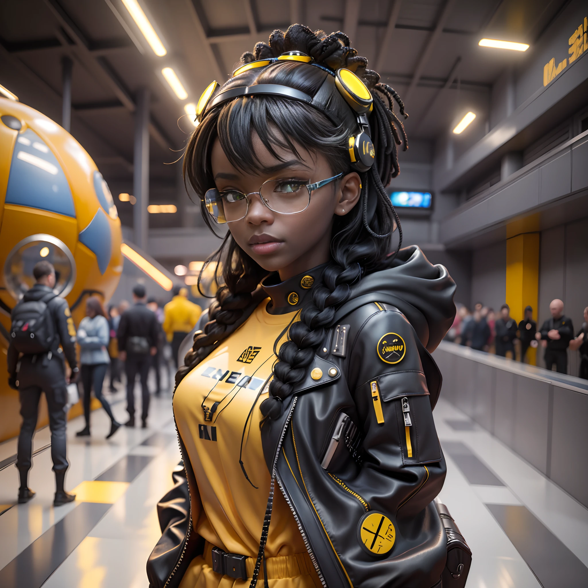 solo, deep ebony 1girl, black girl, beautiful face, {{ braided hair }}, black lips, a female character is wearing a yellow and black colored outfit with a backpack and a yellow hoodie jacket, black, yellow and white sports leisure, yellow futuristic smart goggles, clear lens,  green eyes, long hair, diamond earrings, cybernetically enhanced, medium breasts, she is standing in front of spaceships and satellites, starry night sky, pigeoncore, neo-dadaist, Asuka Langley, neon genesis EVA suit, mechanized precision, space crew member, she holds an important position, in crowd spectator at a tech conference in the style of mecha sci-fi anime, 8k, best quality, highres
