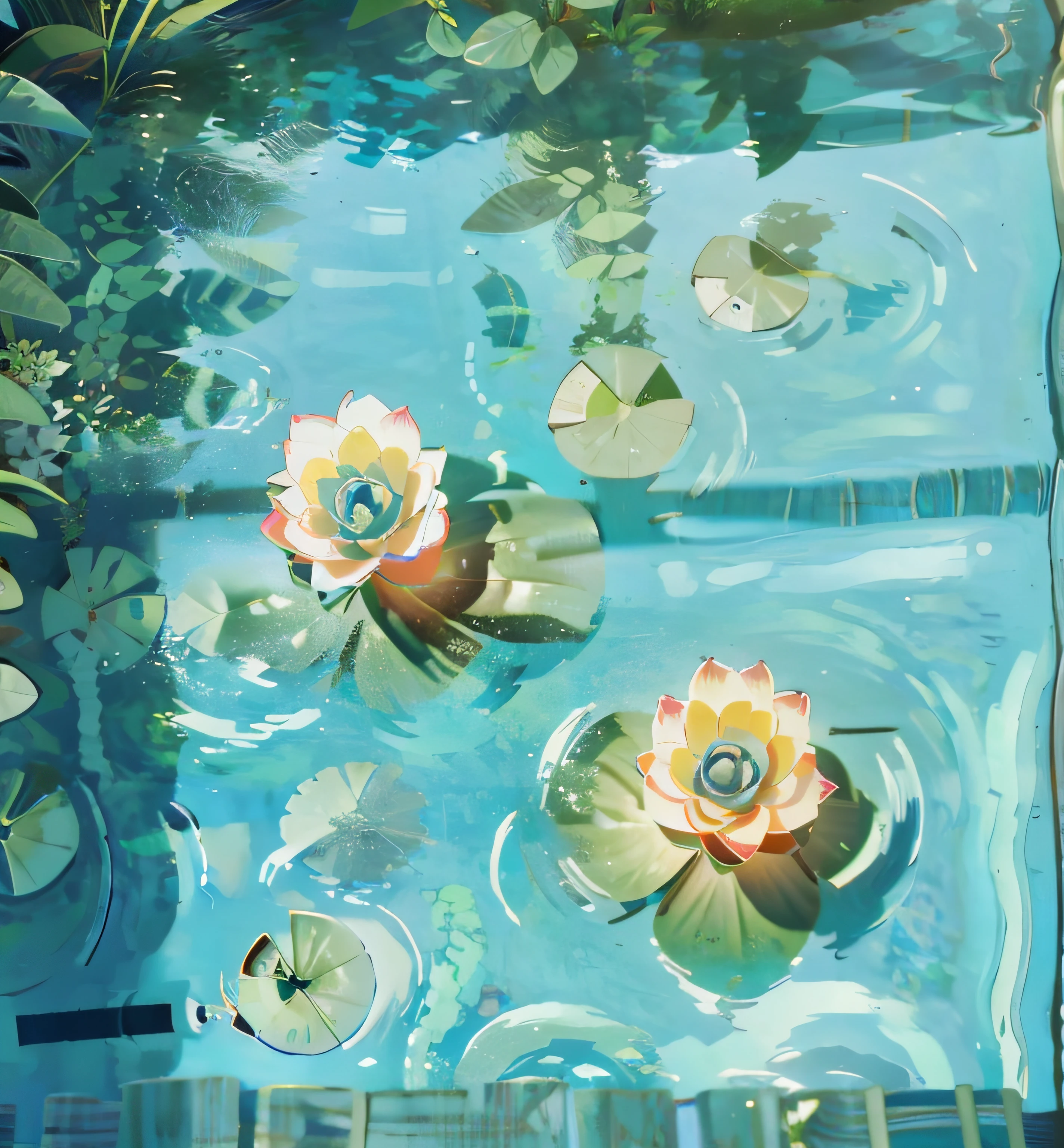 There are water lily leaves in the pool, ponds, In the pond, Water light caustics, Pools, There are fish swimming，top - down photograph, parks, Overhead shot, pools of water , top down shot, On a sunny day, floating object