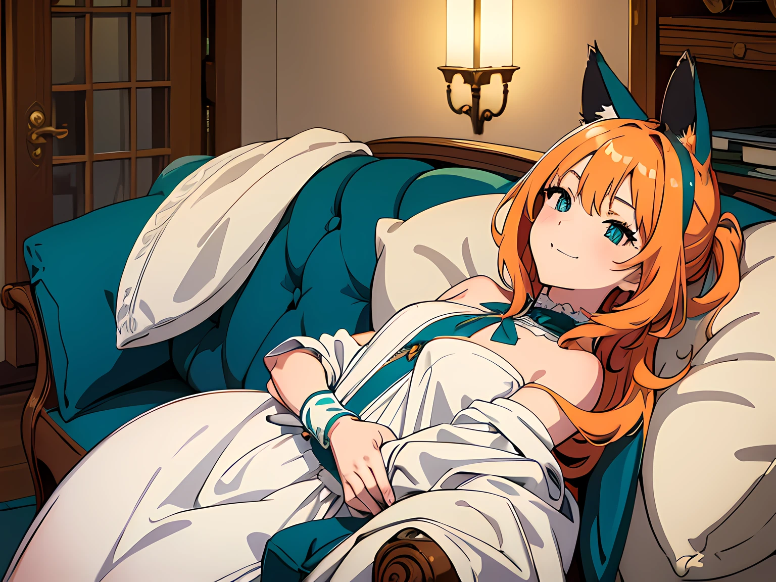 1 girl (cat eared, without human ears), beautiful eyes finely detailed, (teal orange, long hair), tipsy smile, white dress, lie down in chair, laying her back on the chair, middle ages style bedroom, (half body:0.6), anime best girl, masterpiece sidelighting, masterpiece, top-quality, detailed, High resolution illustration