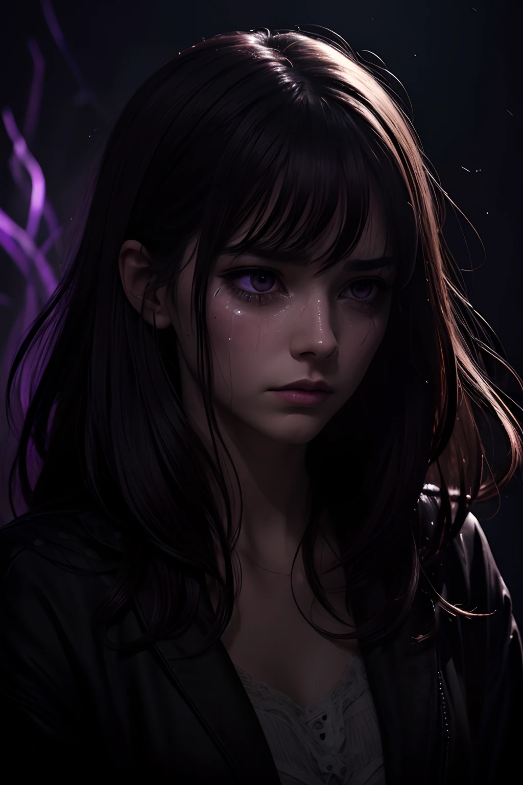 best quality,highres,crying faces,emotional expression,sadness,maximum despair,visceral imagery,heartbreak,empty soul,spiritual depth,dark poetry,medium light ambiance, purple lighting, glowing purple lighting, sombre tones,expressive brushstrokes,haunting atmosphere,abstract composition, dark brown hair, bangs, messy hair, mascara running, long eyelashes, doe eyes, shadow figures in background