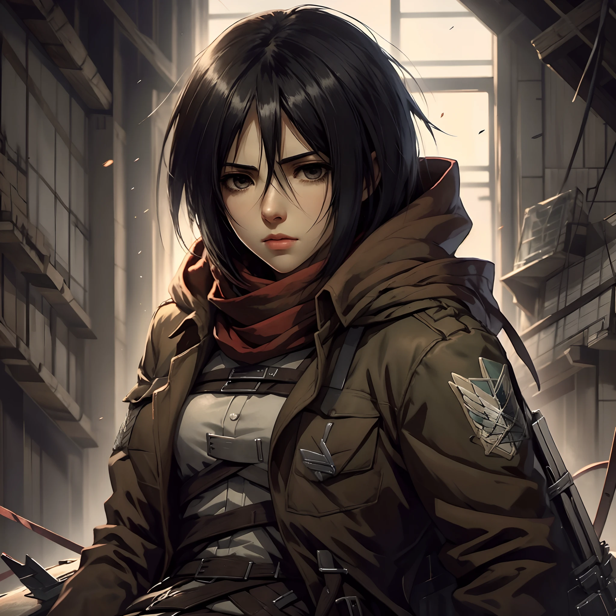 1girl, style cartoon, mikasa ackerman with red scarf around her neck, in survey corps uniform with green hooded cloak, display intense sorrow and depression, sitting on horse, mikasa from anime attack on titan, moment on despair on battlefield, sad mood, after war, shingeki no kyojin, from attack on titan anime, awesome full color, high quality, highly detailed, 8K Ultra HD