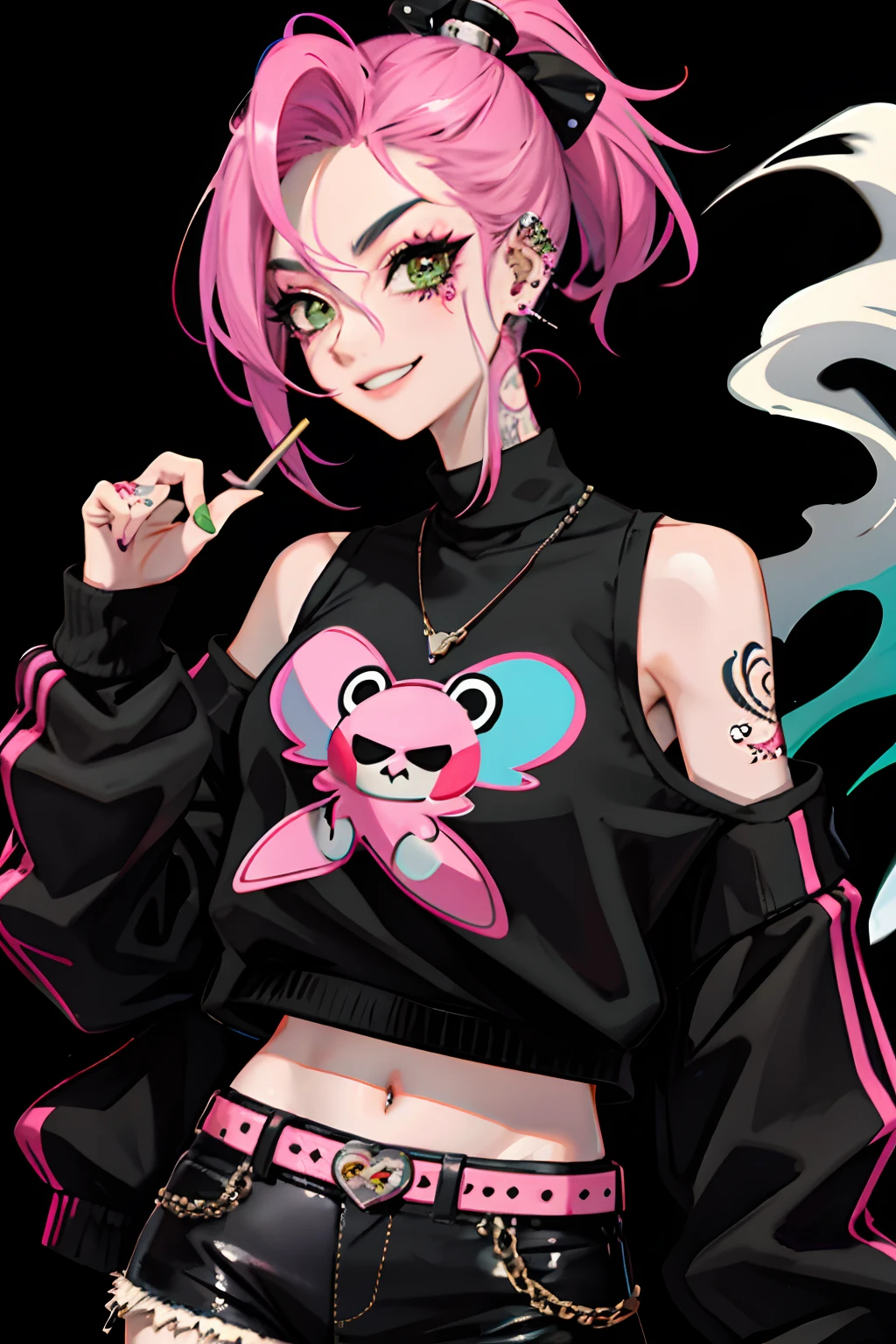 kpop girl with rizz smile face, bad ass, black,pink hair, tattoos on hands and neck, piercing, black mixed green striped sweater, cool badass pose, smoke background, colorful smoke background