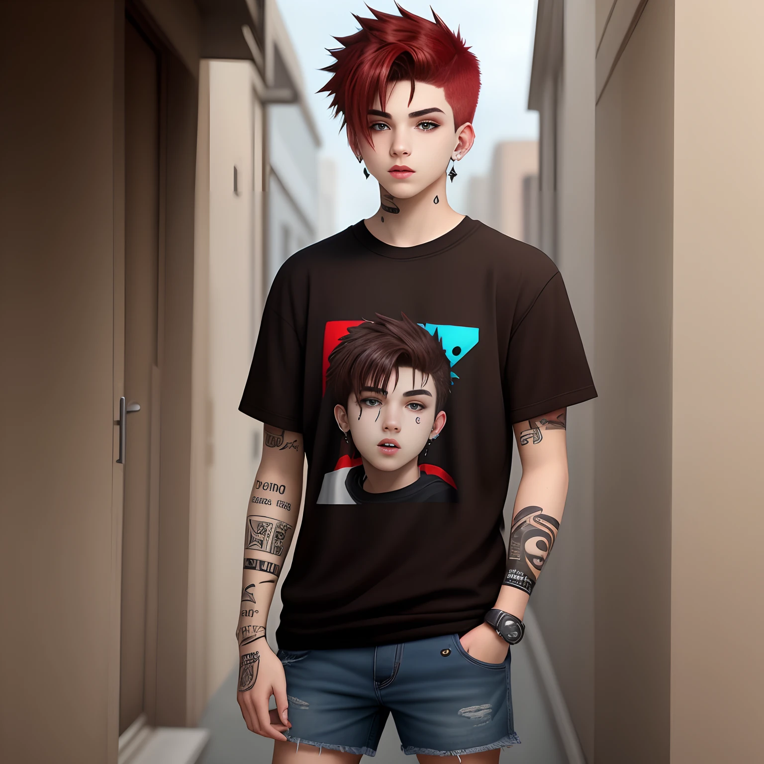 Sarcastic rebellious boy, hot, with lip piercings and dark brown hair half dyed red