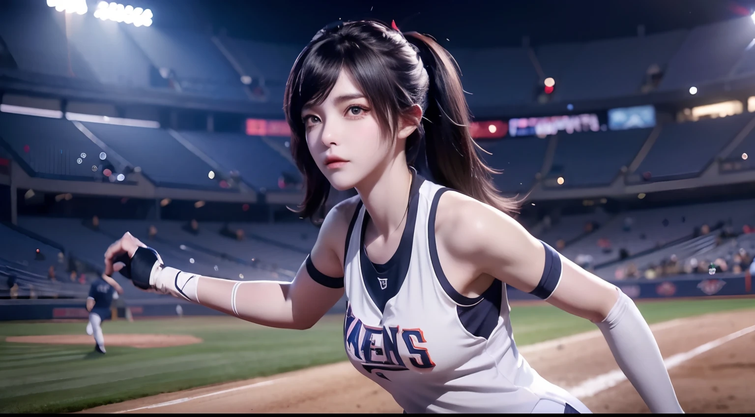 A female baseball player pitches，Baseball bat in hand，Batting dynamics，Correct ergonomics（1.5），tmasterpiece，top Quority，super wide shot（1.5)（realisticlying，realisticlying：1.4），（RAW photos：1.4），Very delicate CG Unity 8K wallpaper，very delicate beautiful，Mann pays attention to detail，offcial art，Beautiful eyes and face（1.5），Beautiful exquisite eyes，light in face，one-girl，long whitr hair，（pompons）nabel，The upper part of the body，Baseball uniforms，He wears baseball gloves on his hands， baseball stadium，