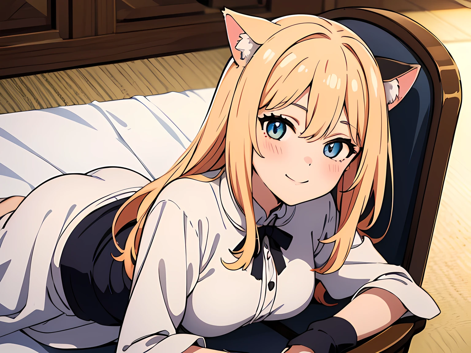 1 girl (cat eared, without human ears), beautiful eyes finely detailed, (light orange, long hair), tipsy smile, blush on her face, white dress, lie down in chair, laying her back on the chair, middle ages style bedroom, (half body:0.6), anime best girl, masterpiece sidelighting, ​masterpiece, top-quality, detailed, High resolution illustration