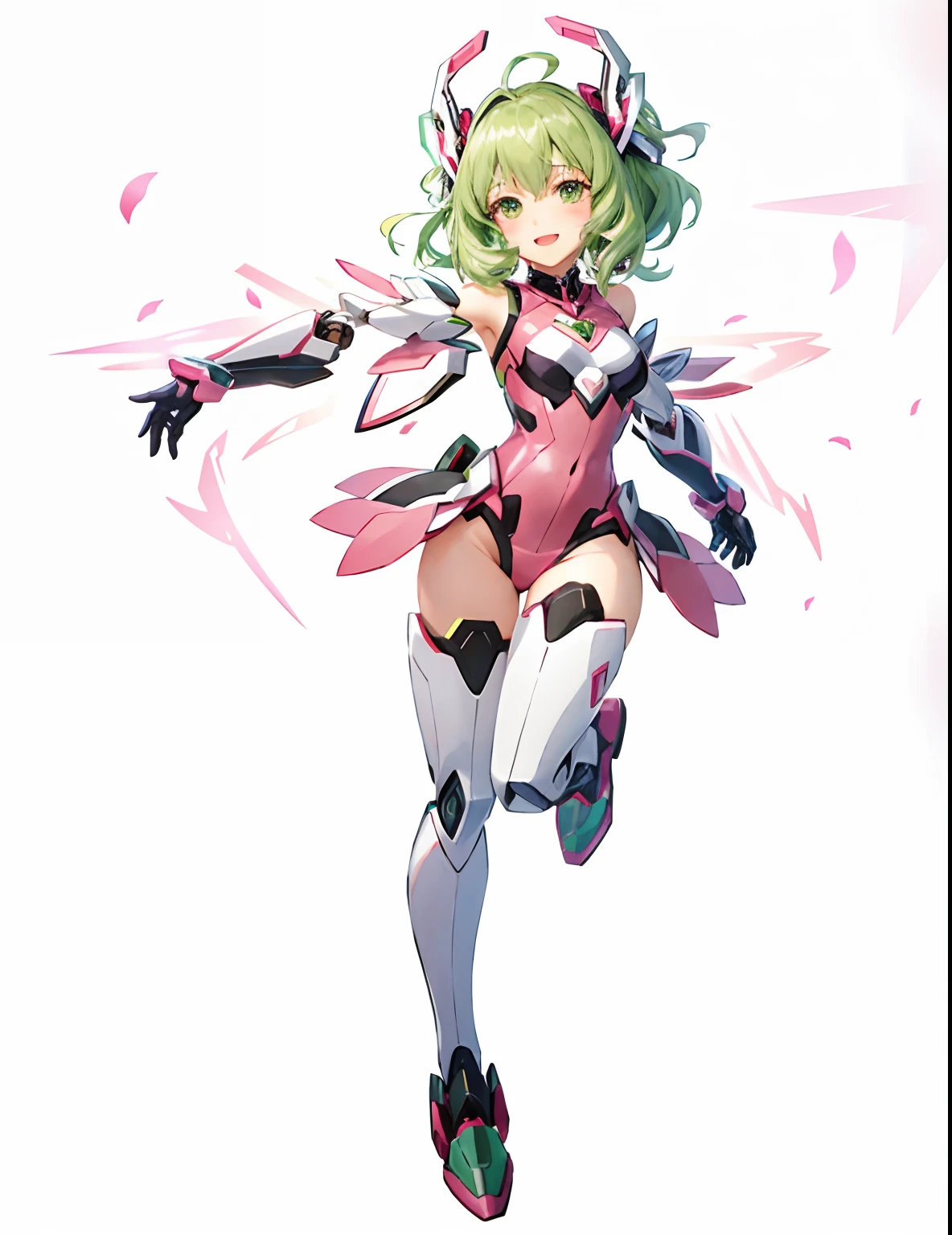 1girl, a close up of an anime girl with green medium hair and pink outfit running, smiling, android heroine, vivid color.digital 2d, anime manga robot!! anime girl, fully robotic!! girl, nanogirlv 2, cushart kenz, symphogear, fully robotic!! catgirl, mikudayo, masterpiece, best quality, reeds, lens flare, shade, bloom, medium hair, official artwork