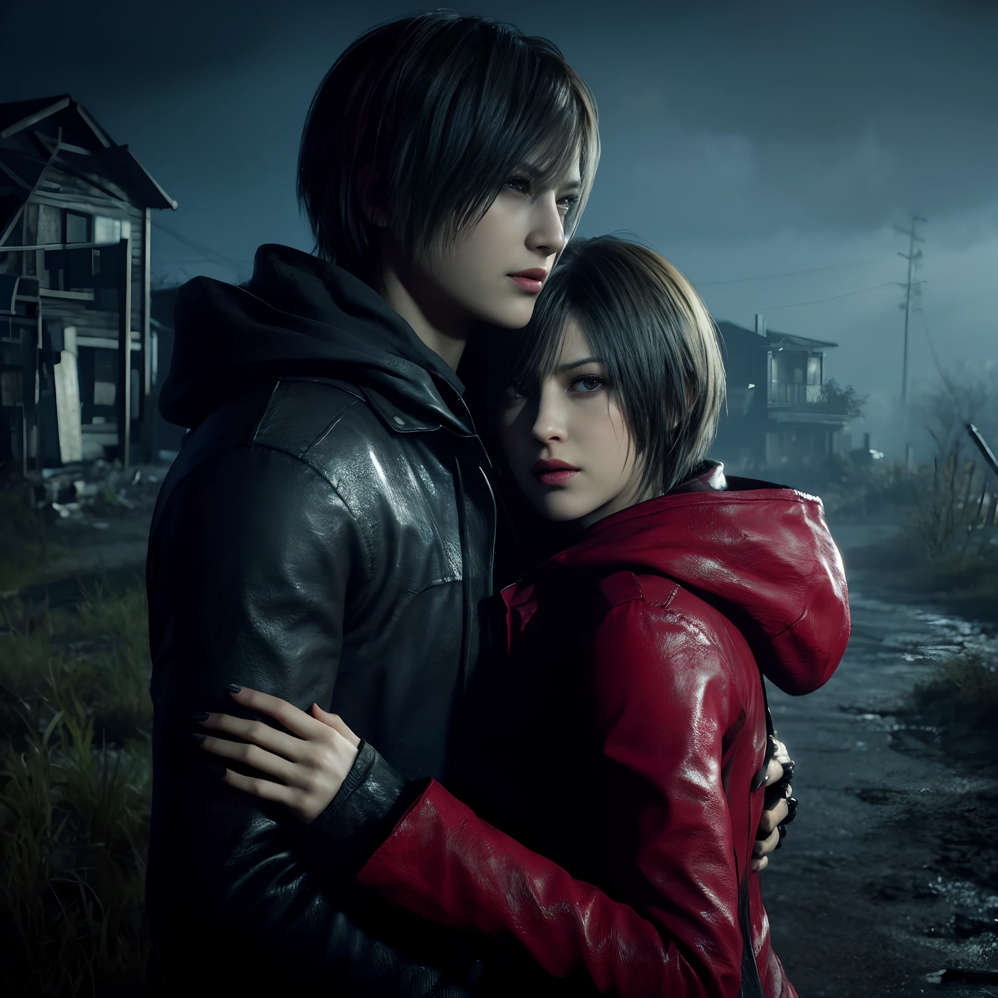 arafed image of a couple hugging in front of a house, background of resident evil game, silent hill game, resident evil, resident evil inspired, resident evil 1, crimson themed, game cg, 2020 video game screenshot, silent hill, hug, resident evil 7, red and cinematic lighting, style game square enix, square enix cinematic art