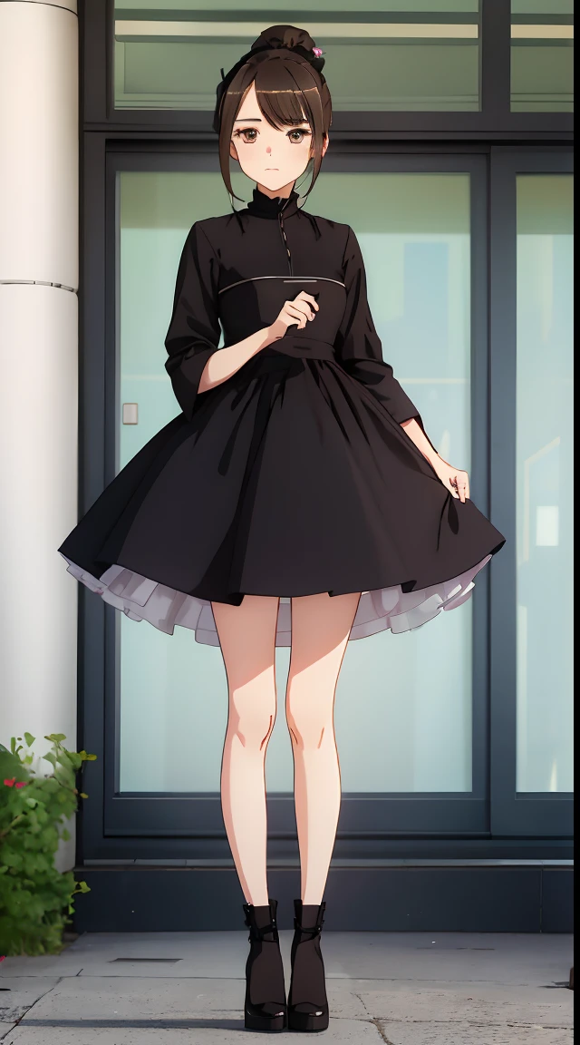 girl,standing on your feet,Full body photo,Formal dresses,Over-the-knee long skirt,longer sleeves,Open your mouth to speak,scowling,Black ponytail,with brown eye,looking at viewert,Look ahead