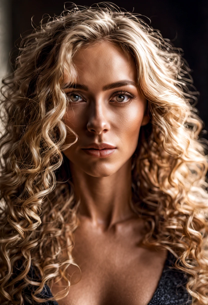 ((half body)) portrait photo of a beautiful 25 years european woman, endless long (extra long curly blonde hair), [[[[chest]]]] [[[[neck]]] [shoulders]]]]], Award - winning photograph, Masterpiece, 8k, ultra high res, hyper detailed, beautiful woman, perfect face, rule of thirds, Perfect eyes, Perfect iris, perfect pupils, (perfectly round iris:1.3), Perfect lips, Perfect teeth, dimples, perfect nose, highly detailed hair, ((detailed face)), ((detailed facial features)), (finely detailed skin), tanned skin, realistic skin texture, extreme skin details, (pores:0.1),(sweaty:0.8), insane details, intricate details, amazing fine detail, photorealistic, photograph, photorealism, rich colors, lifelike texture, neutral colors, Soft front light,cinematic lighting, dramatic lighting,dappled light on face, backlight on hair, sharp focus, wide angle, film grain, dslr, raw photo, photographed on Nikon