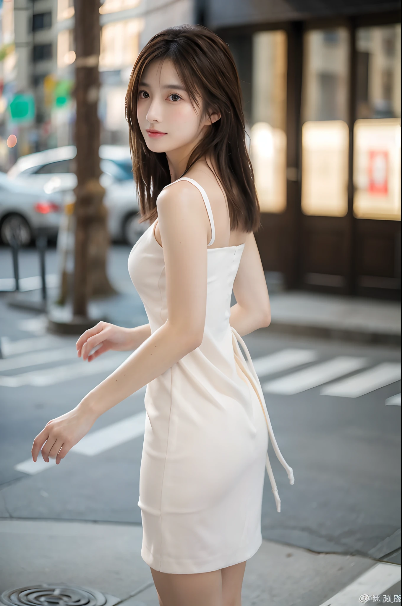 ((Best Picture Quality, 8k, tmasterpiece:1.3)), sharp:1.2, perfect figure beautiful woman:1.4, Slim abs:1.2, (Bandeau dress white:1.1),the city street:1.2,Highly detailed facial and skin texture,詳細な目,二重まぶた,Brown hair long,shift dresses,Hands behind you,standing on your feet.