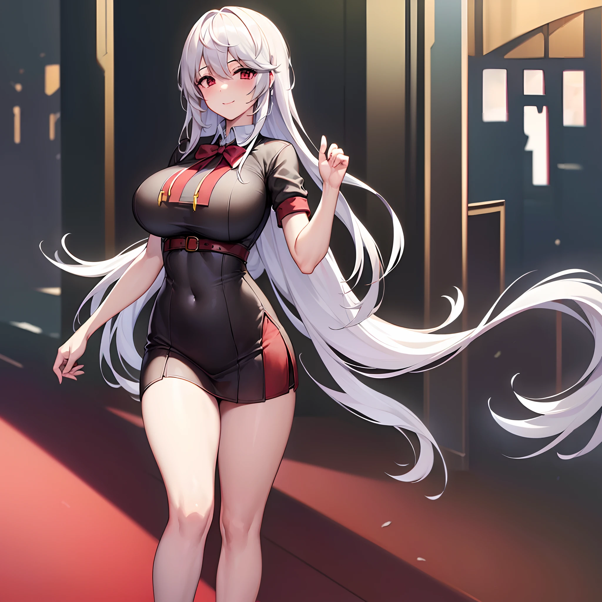 ((Masterpiece)), ((best quality)) , perfect face, ((detailed body)), ((detailed face)), ((detailed eye)), ((detailed finger)), 1girl, long hair, white hair, red eye, school uniform, large breast, navel visible, smile,full body view,