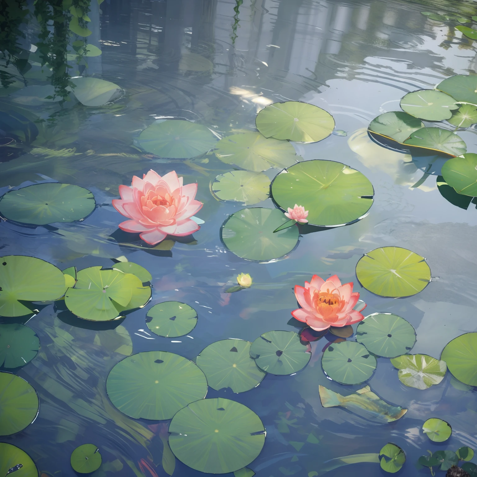 There are water lily leaves in the pool, ponds, In the pond, Water light caustics, Pools, There are fish swimming，top - down photograph, parks, Overhead shot, pools of water , top down shot, On a sunny day, floating object