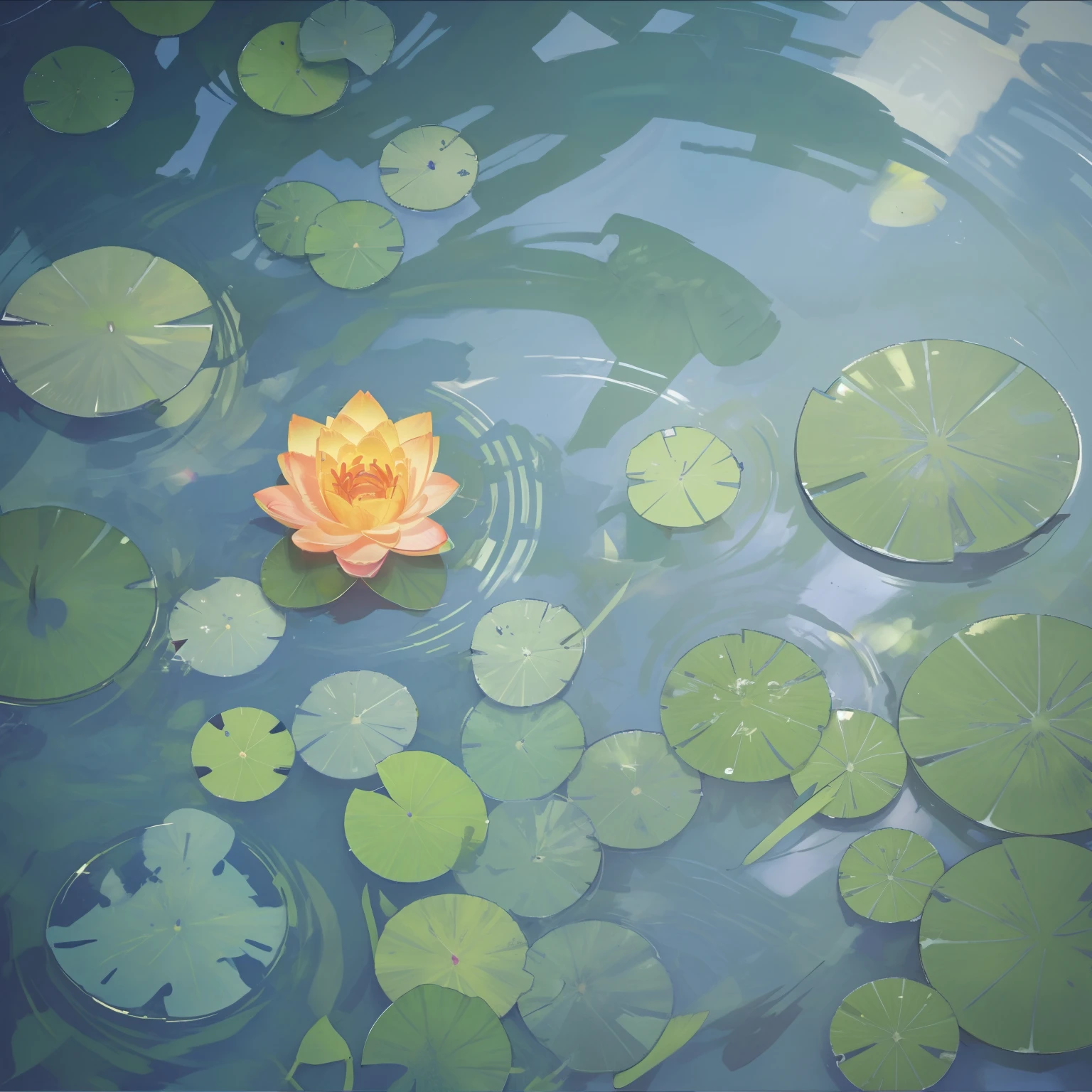 There are water lily leaves in the pool, ponds, In the pond, Water light caustics, Pools, There are fish swimming，top - down photograph, parks, Overhead shot, pools of water , top down shot, On a sunny day, floating object